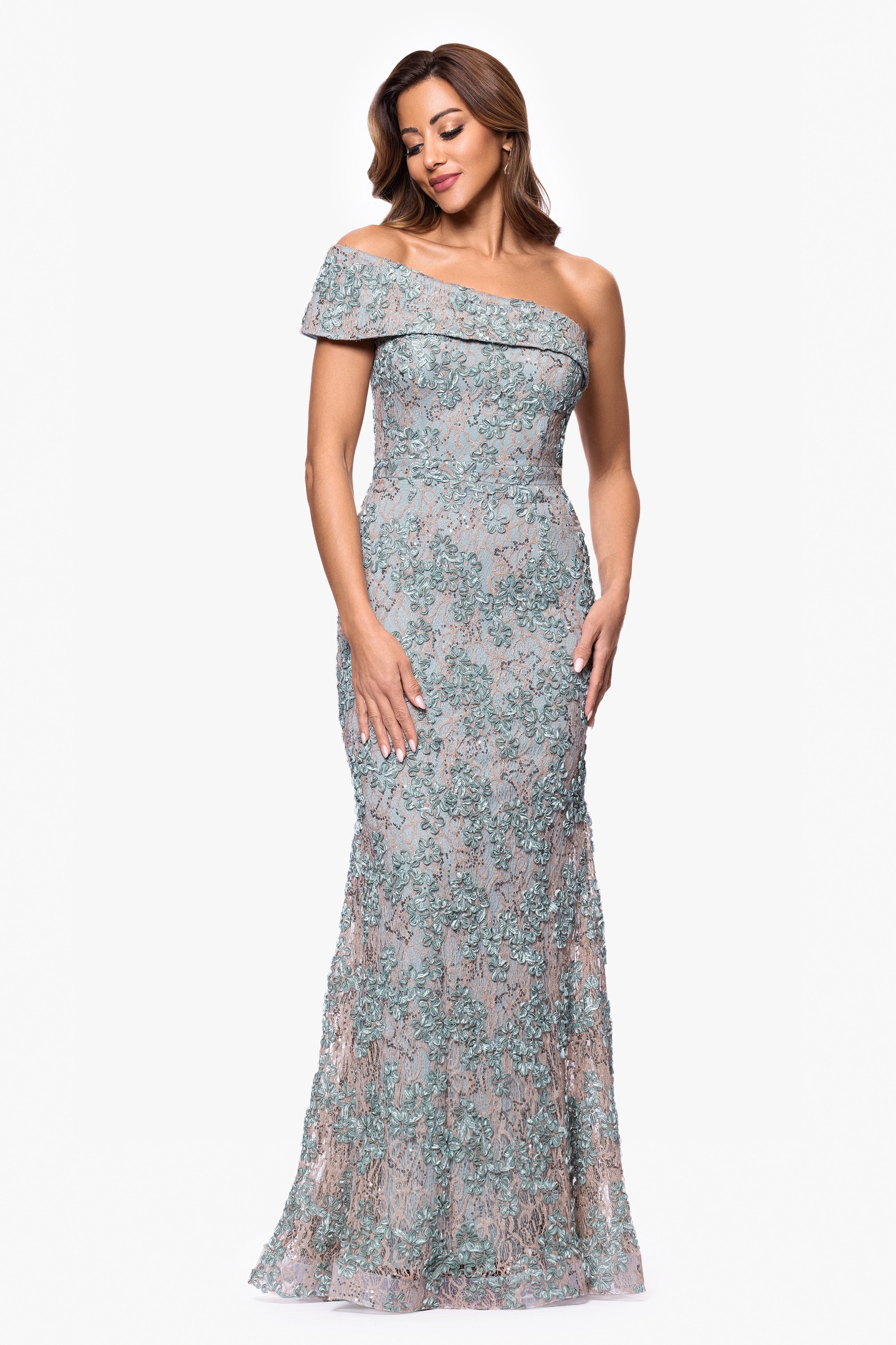 Xscape Evenings "Ginny" Soutache Lace Off the Shoulder Floor Length Dress