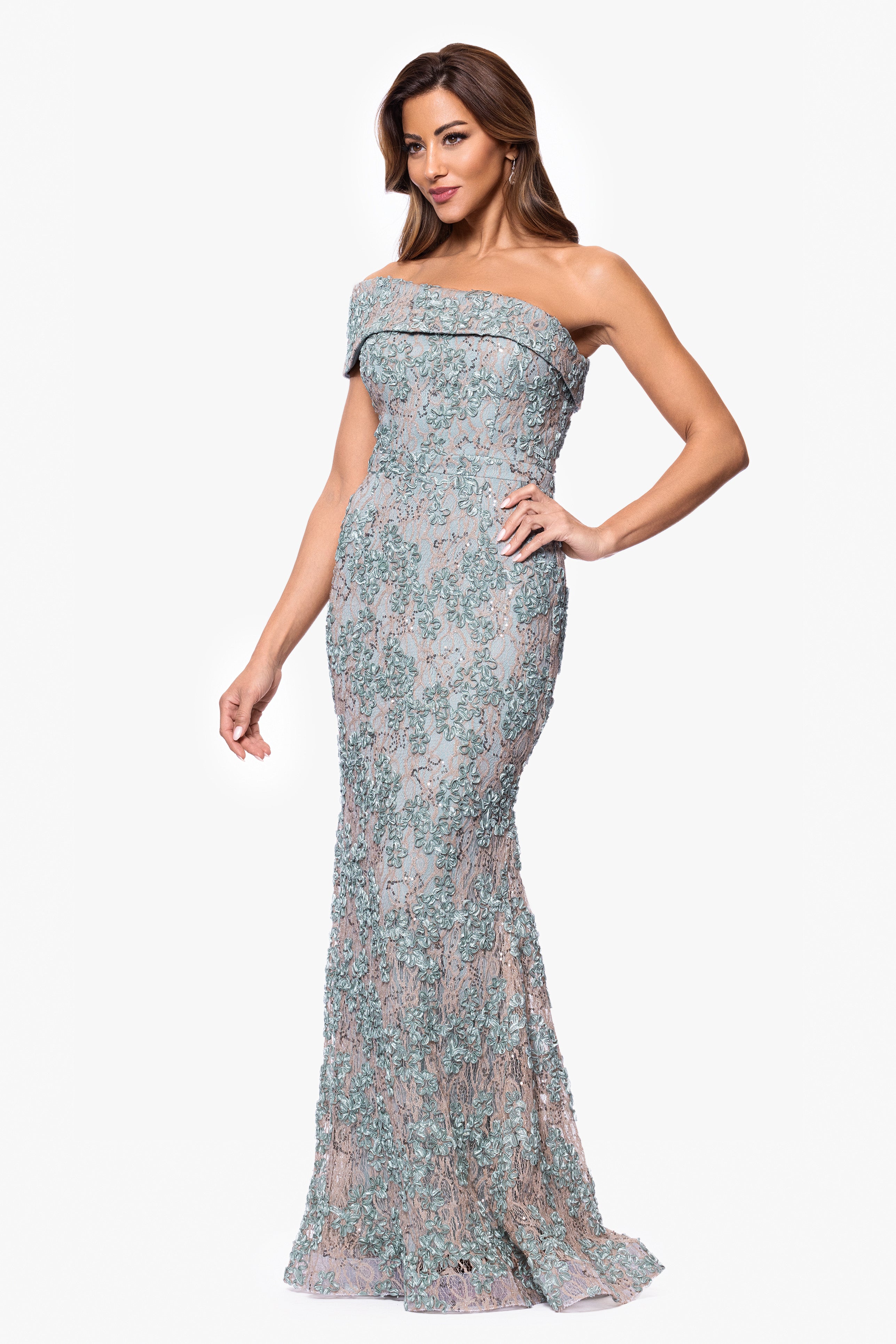 Xscape Evenings "Ginny" Soutache Lace Off the Shoulder Floor Length Dress