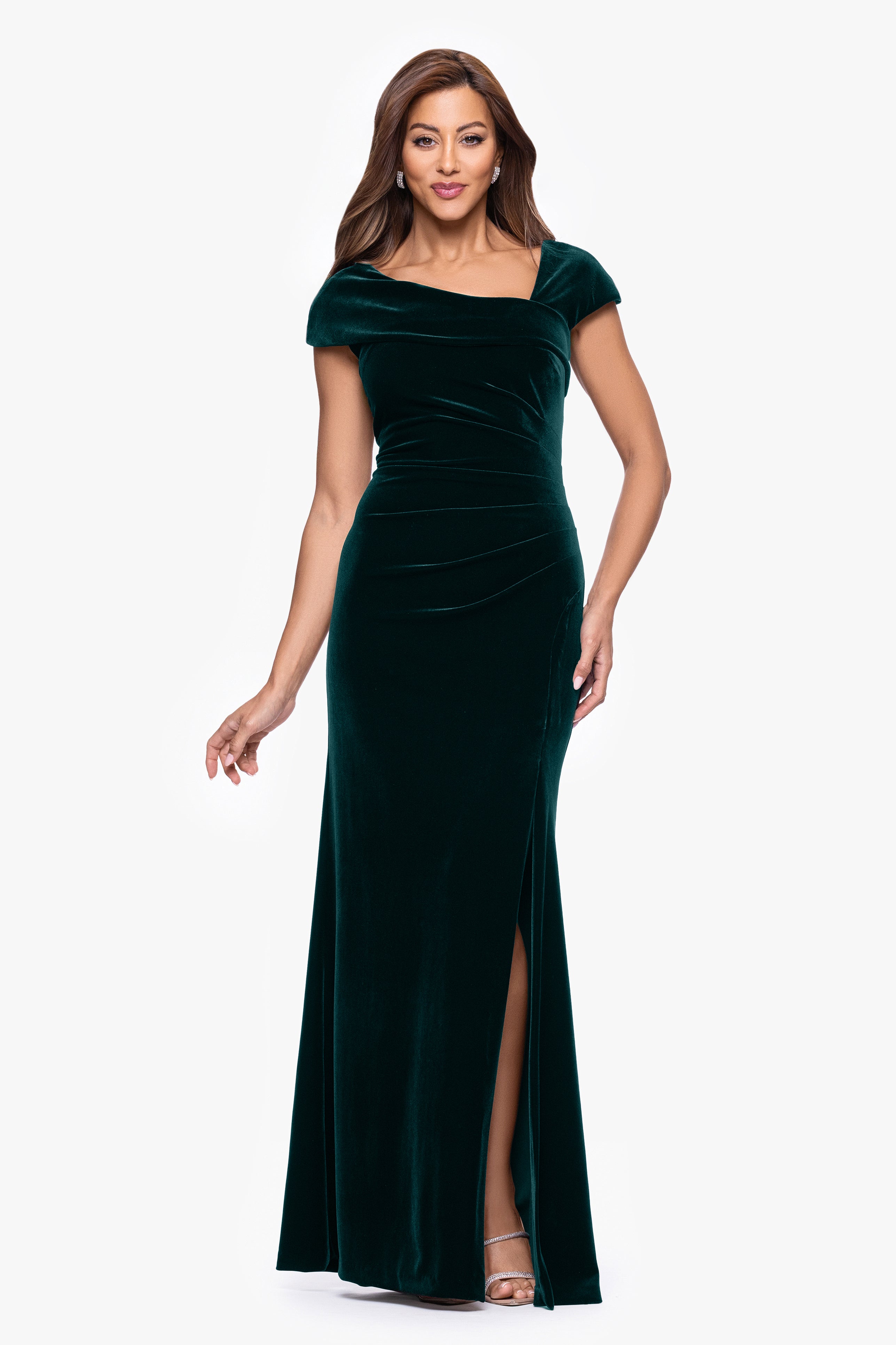 Xscape Evenings "Katrina" Velvet Asymmetrical Neckline Cap Sleeve Floor Length Dress
