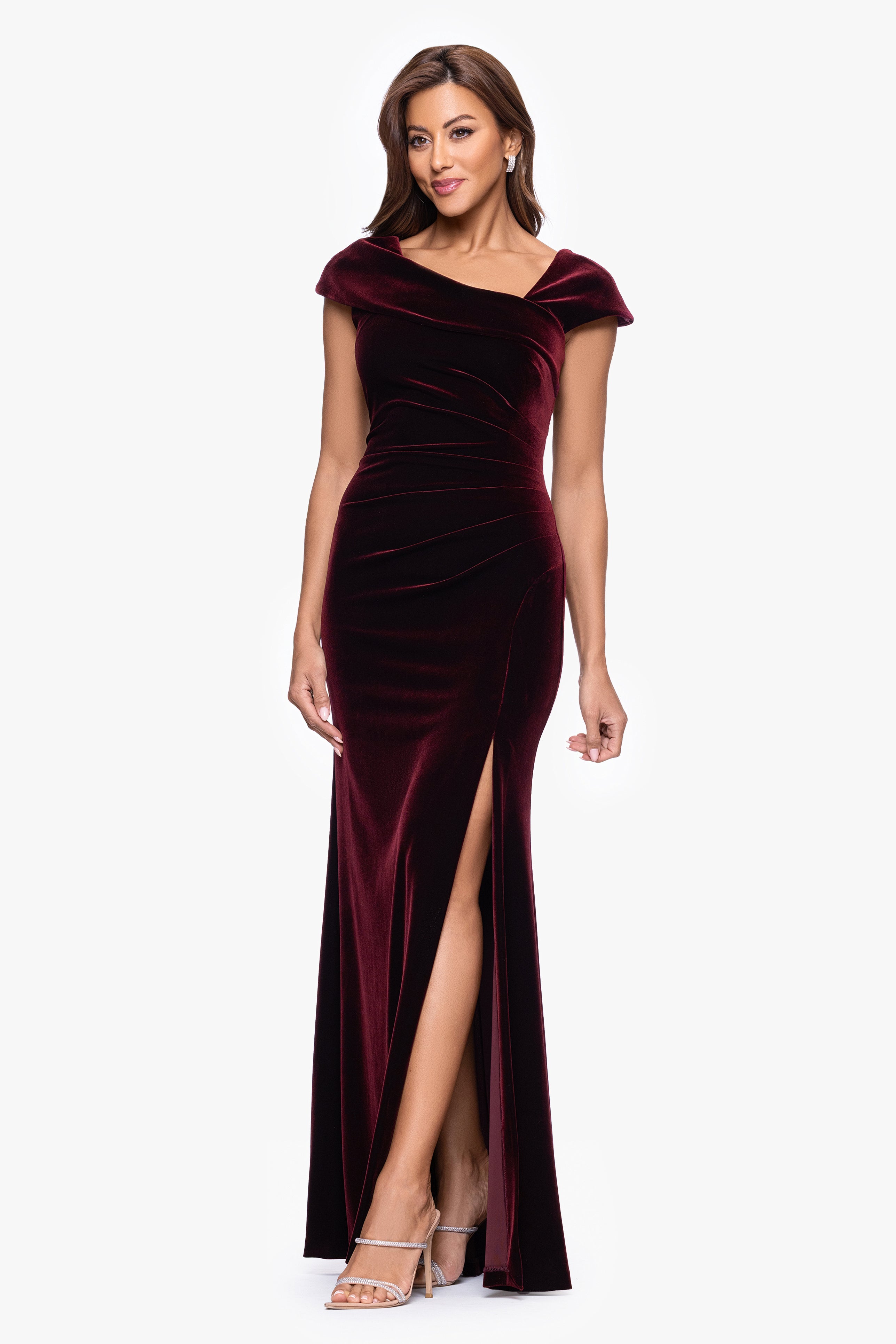 Xscape Evenings "Katrina" Velvet Asymmetrical Neckline Cap Sleeve Floor Length Dress