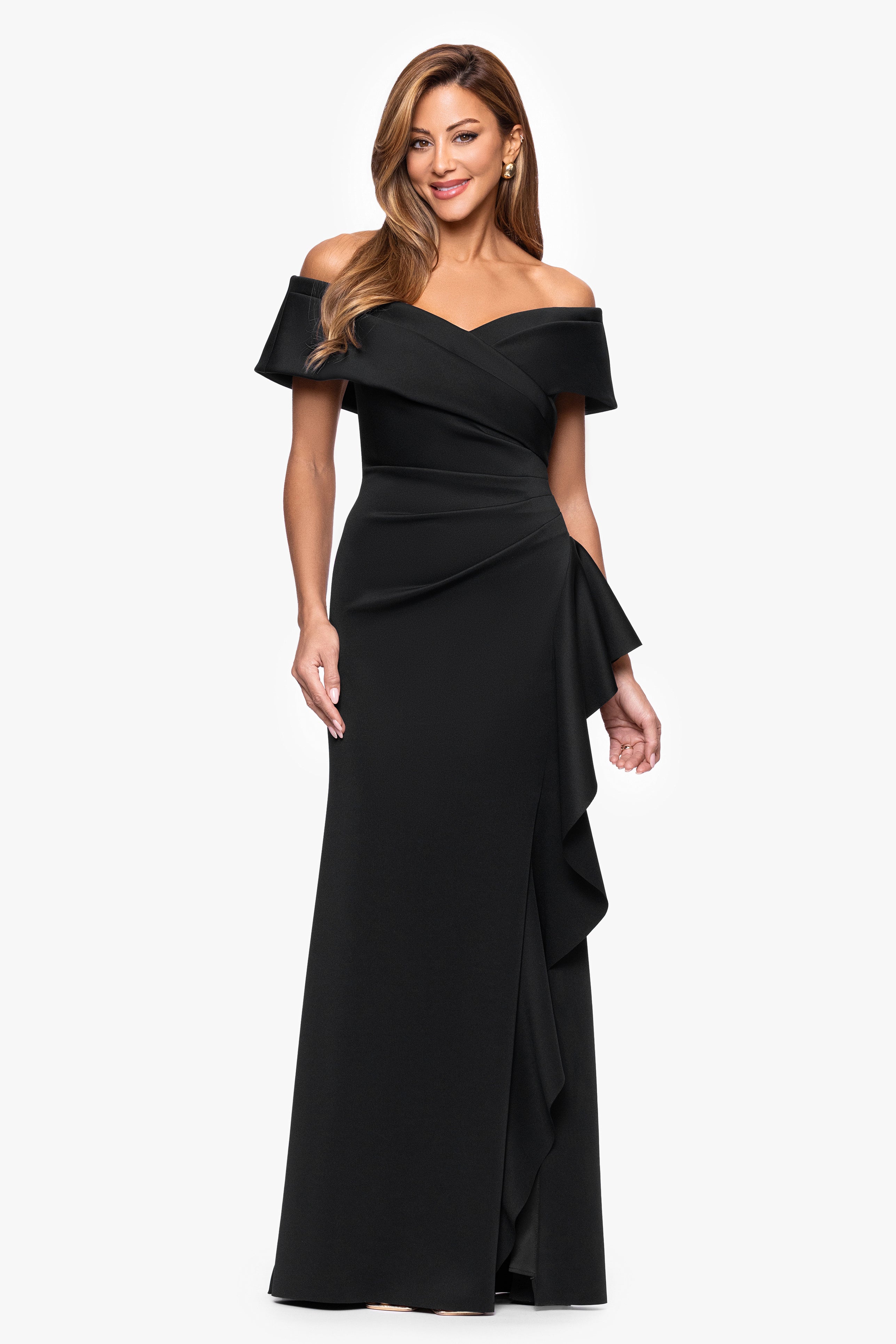 Xscape Evenings "Pearl" Techno Scuba Off the Shoulder Ruffle Floor Length Dress