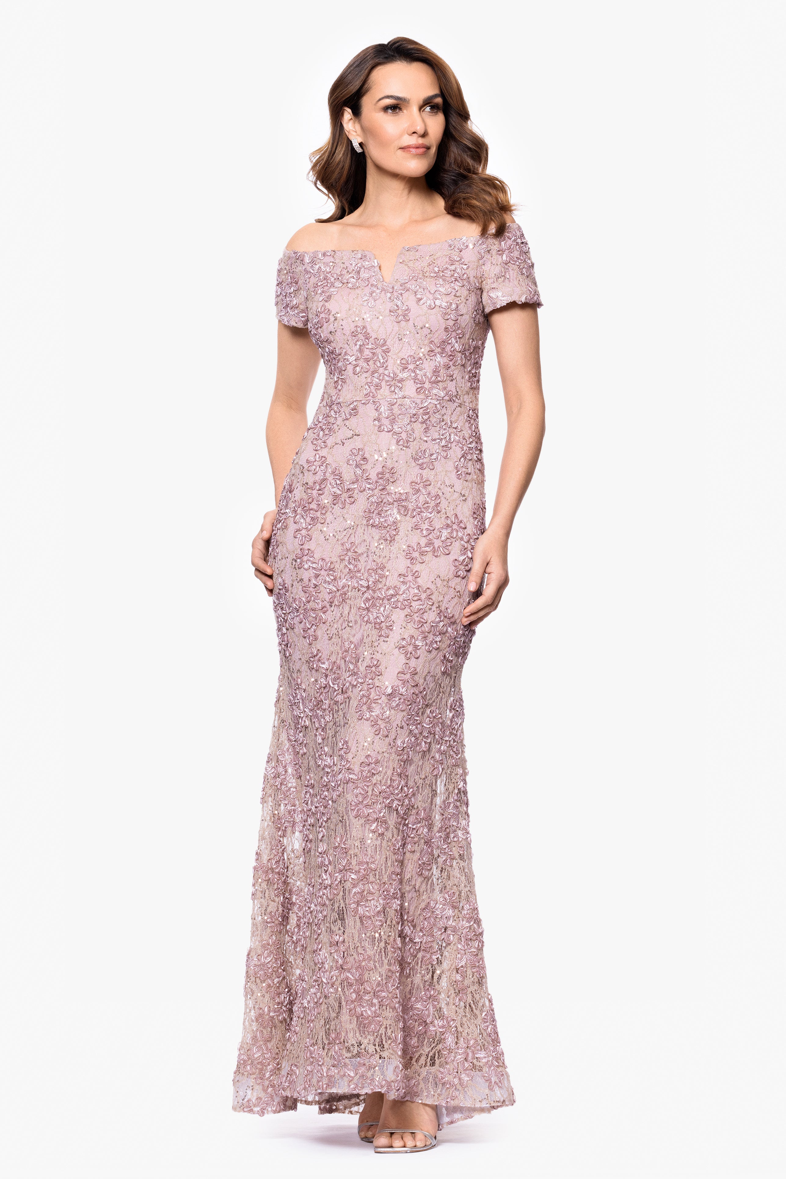 Xscape Evenings Petite "Beatrice" Soutache Lace Off the Shoulder Floor Length Dress