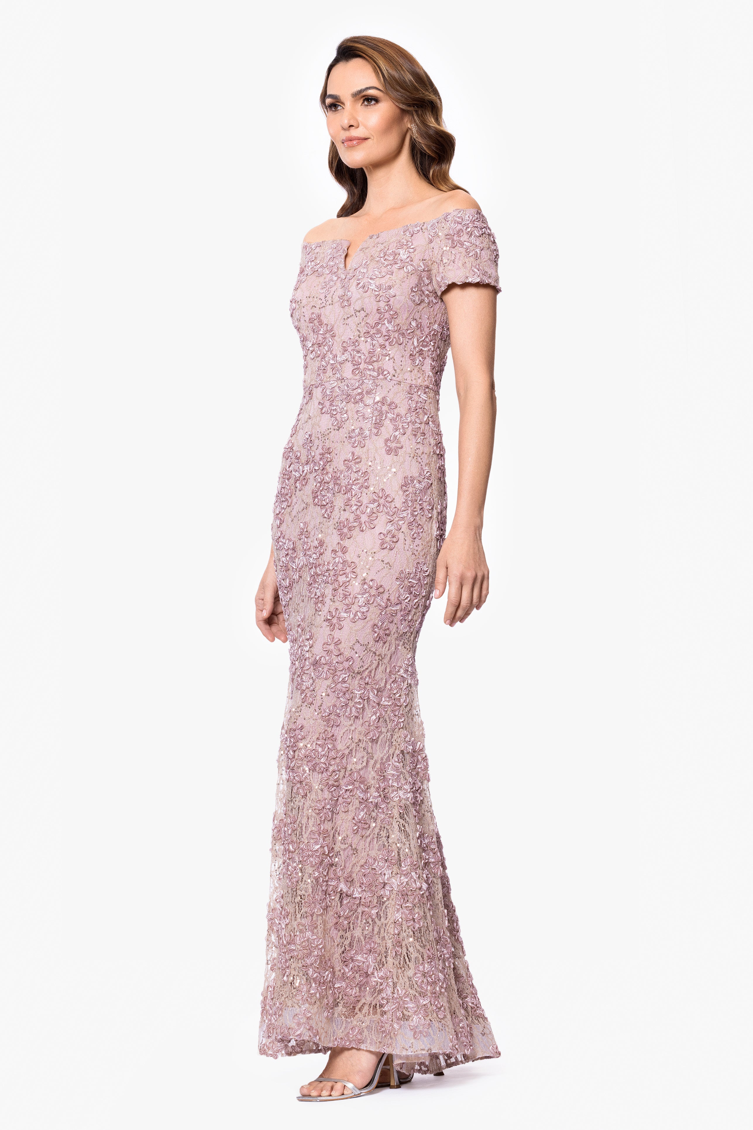 Xscape Evenings Petite "Beatrice" Soutache Lace Off the Shoulder Floor Length Dress
