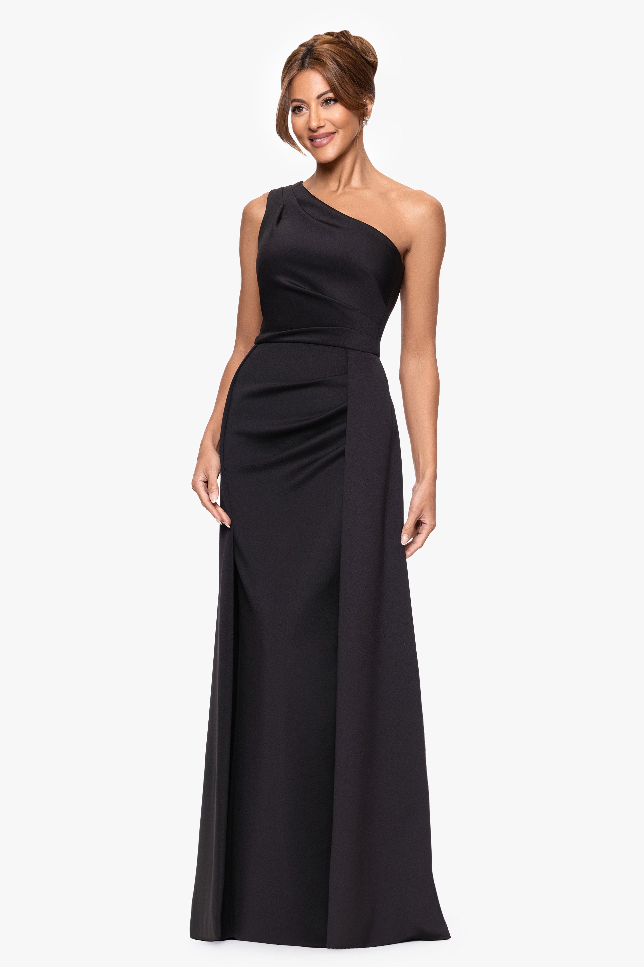 Xscape Evenings Petite "Jalen" Techno Scuba One Shoulder Back Drape Floor Length Dress