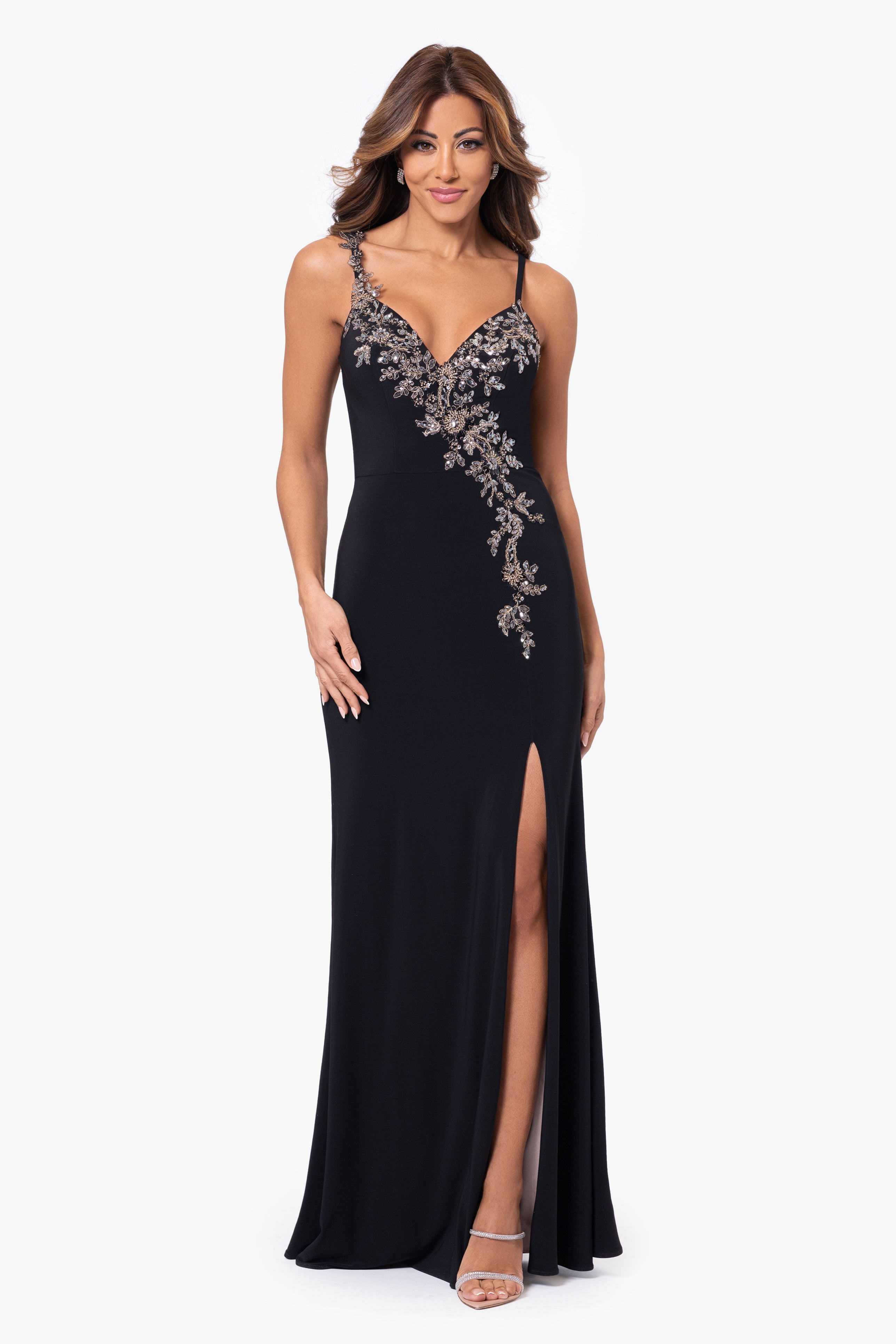 Xscape Evenings Petite "Rina" Jersey Knit Spaghetti Strap Applique Floor Length Dress