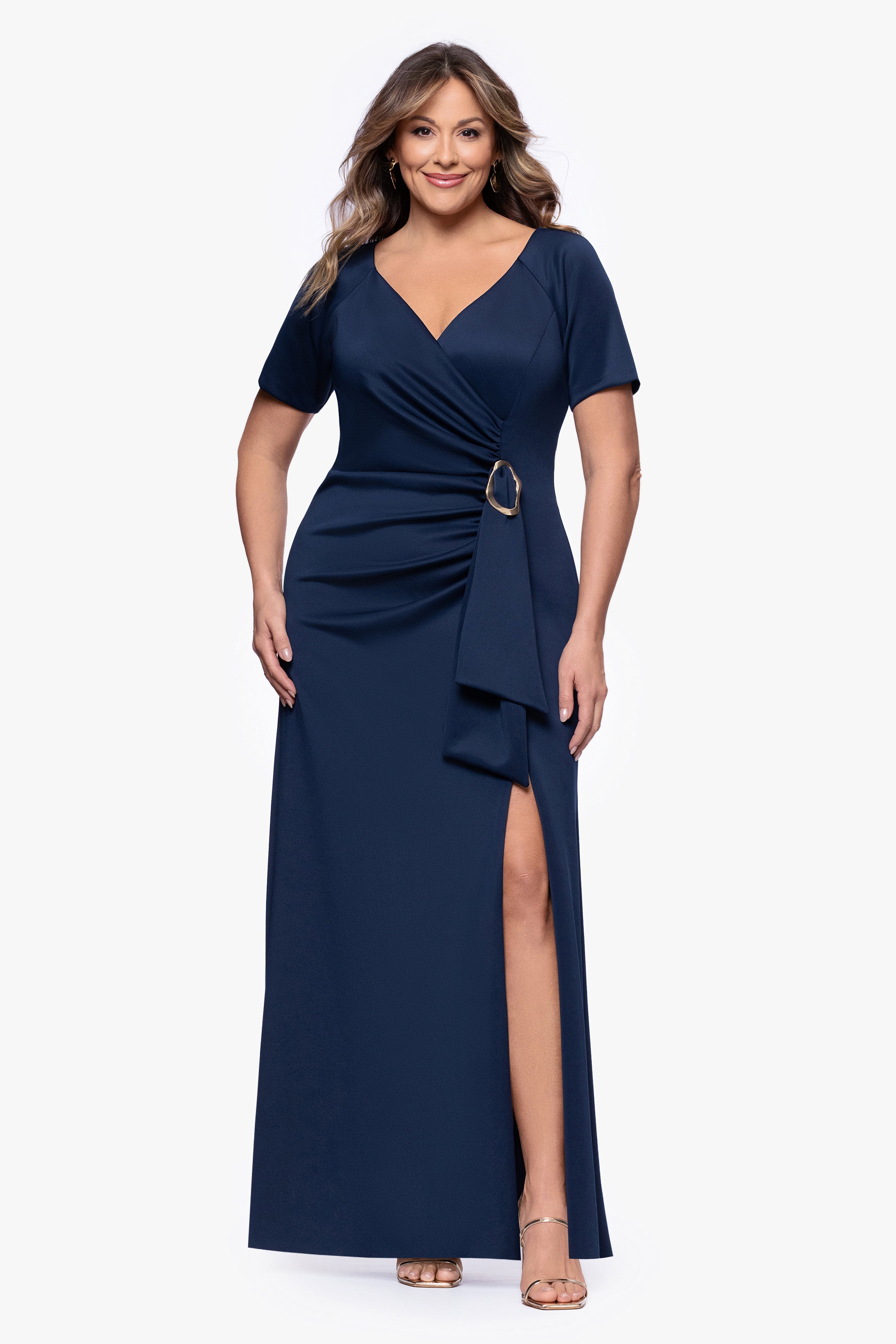 Xscape Evenings Plus "Jordan" Techno Scuba Embellished Floor Length Dress