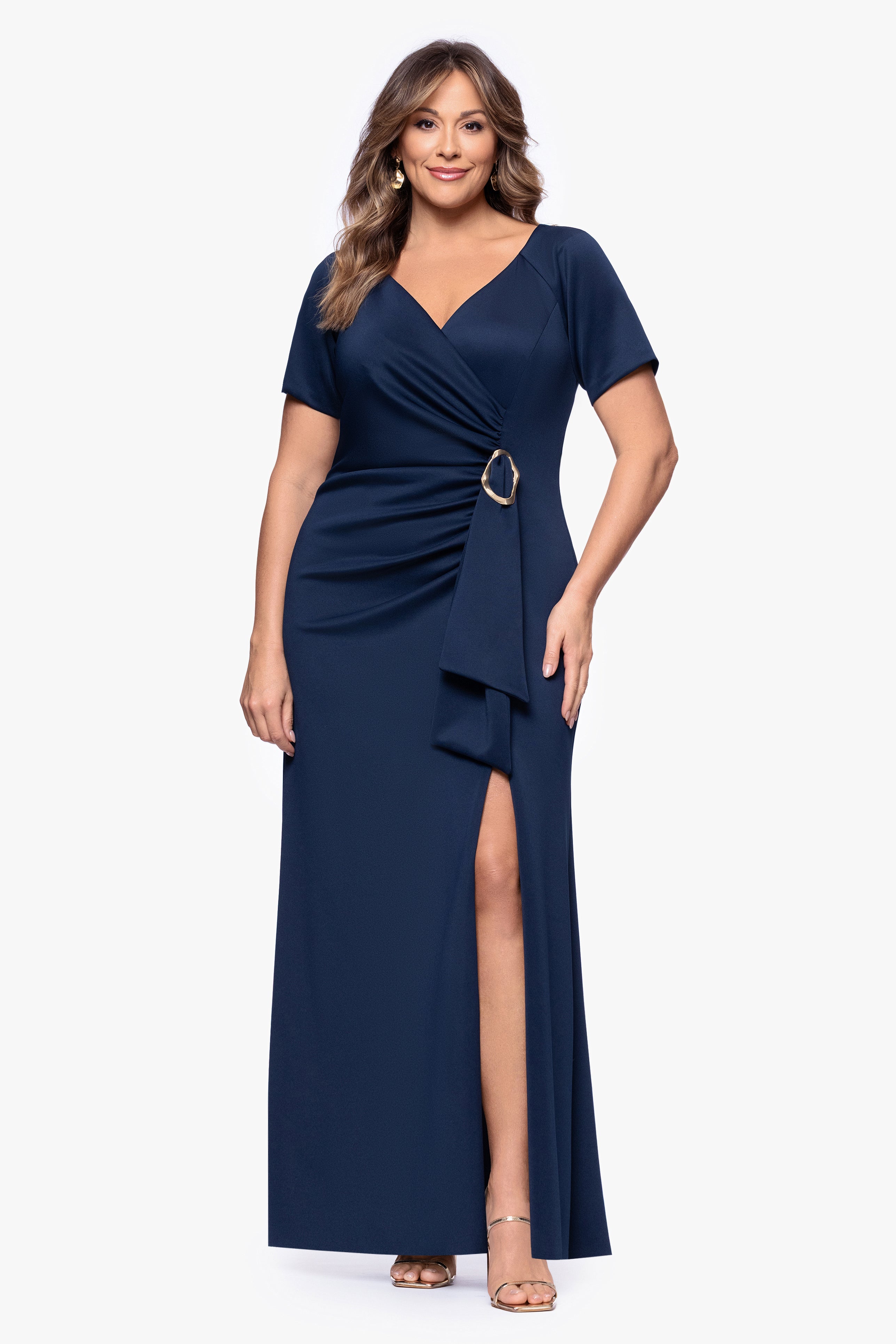 Xscape Evenings Plus "Jordan" Techno Scuba Embellished Floor Length Dress