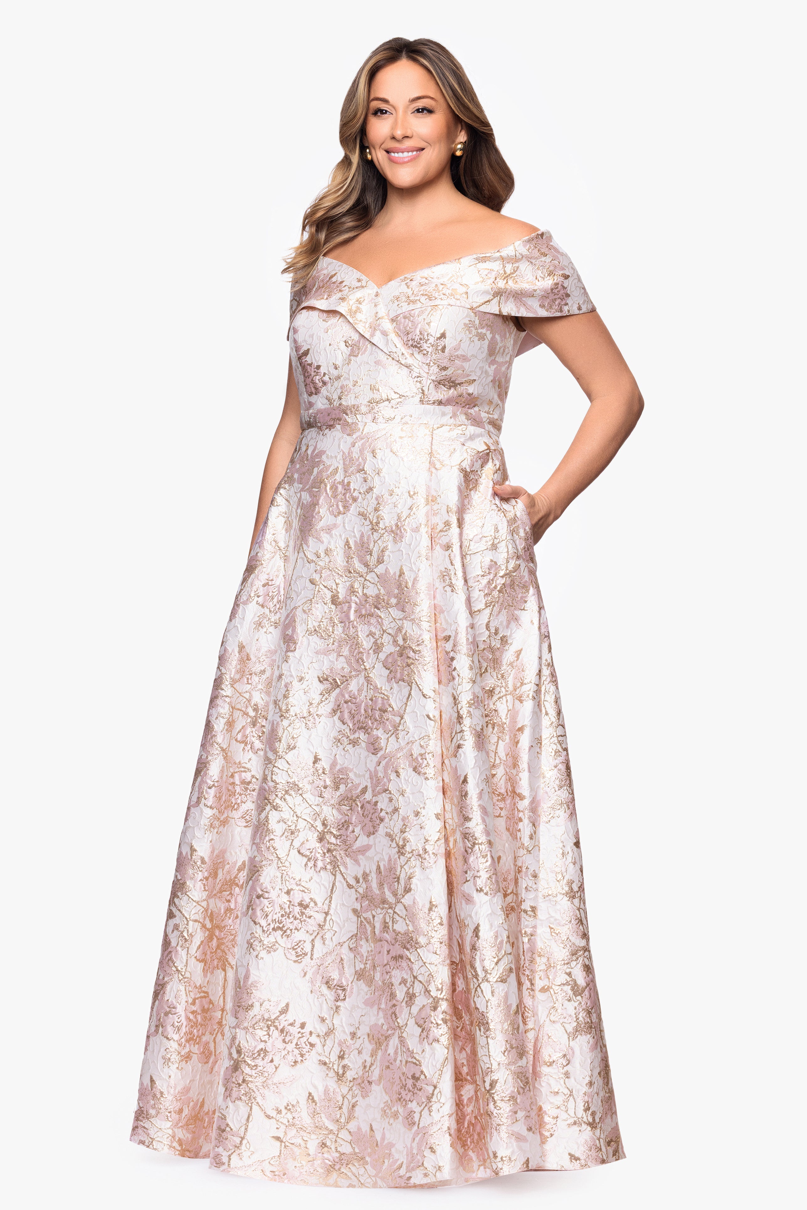 Xscape Evenings Plus "Melissa" Brocade Off the Should V-Neck Ballgown