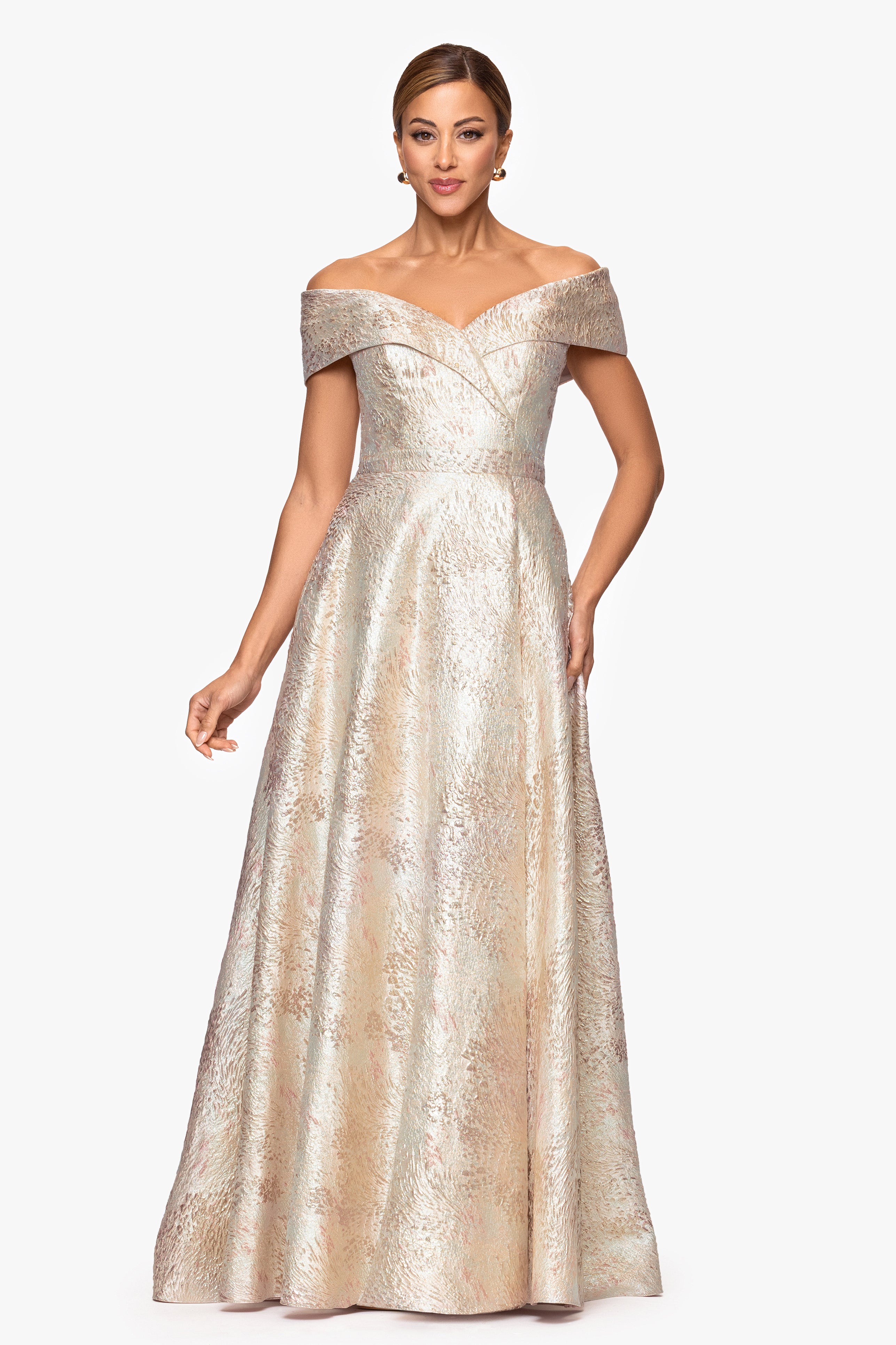 Xscape Evenings "Sutton" Brocade Off the Shoulder Floor Length Dress