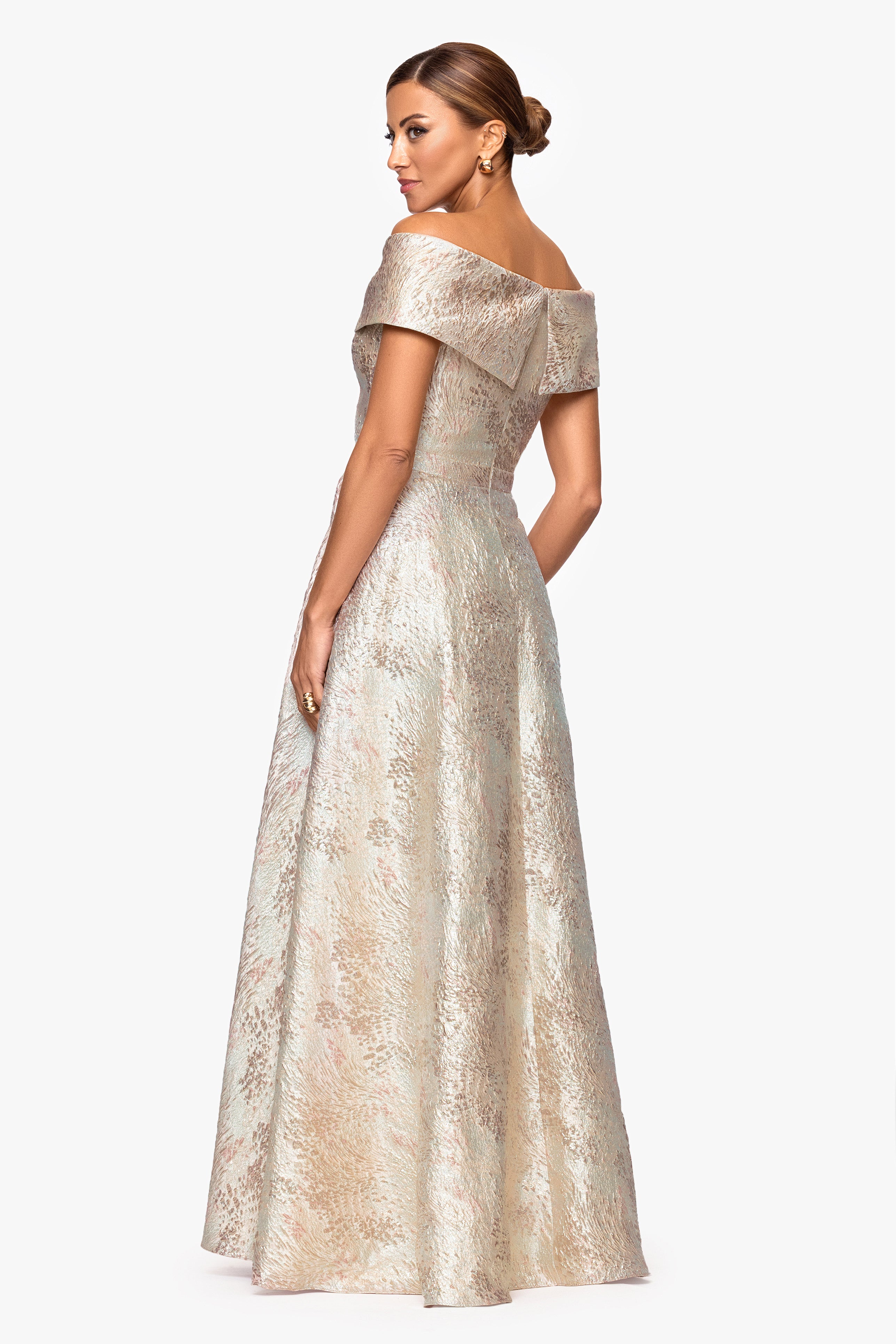 Xscape Evenings "Sutton" Brocade Off the Shoulder Floor Length Dress