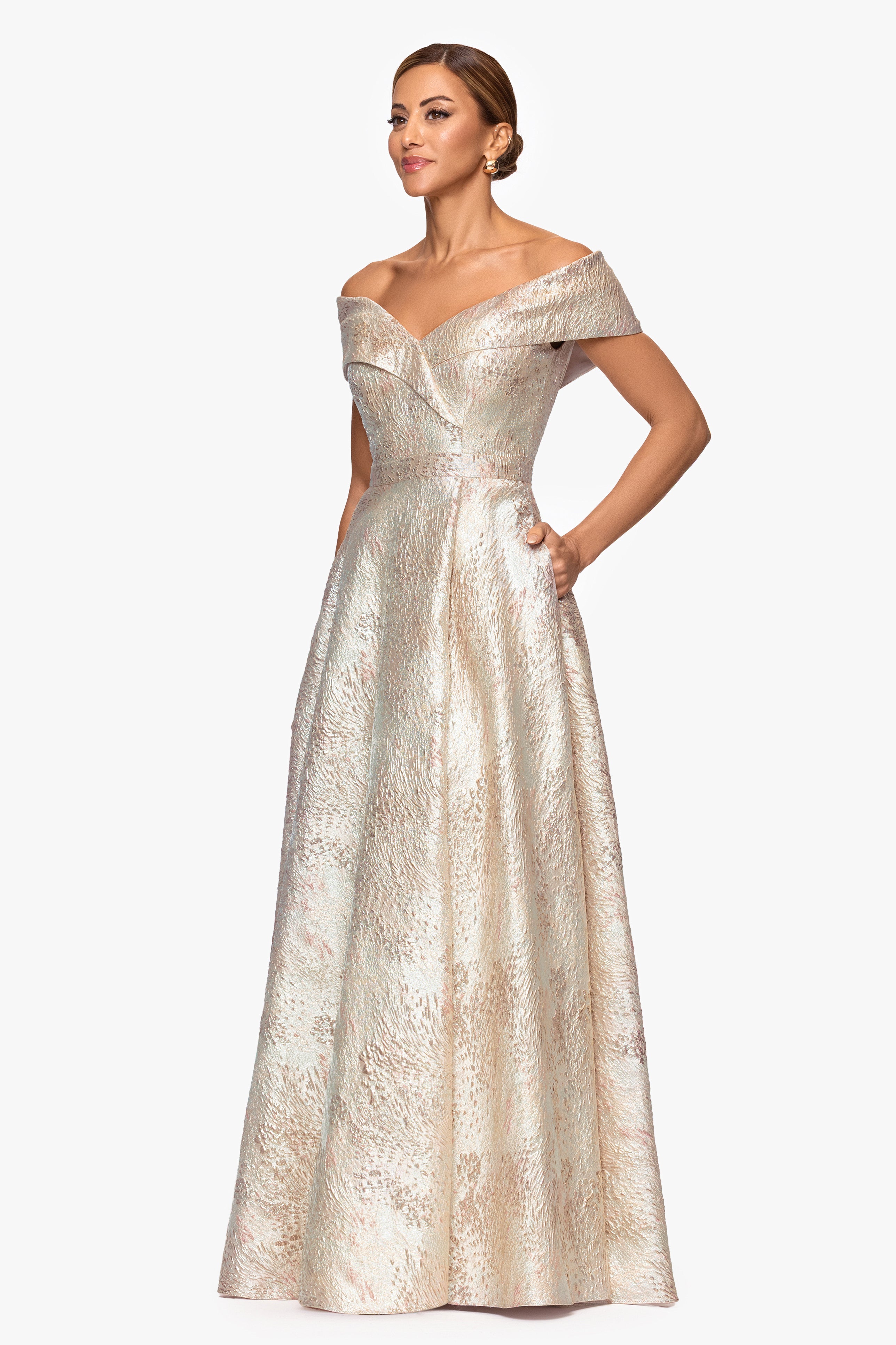 Xscape Evenings "Sutton" Brocade Off the Shoulder Floor Length Dress