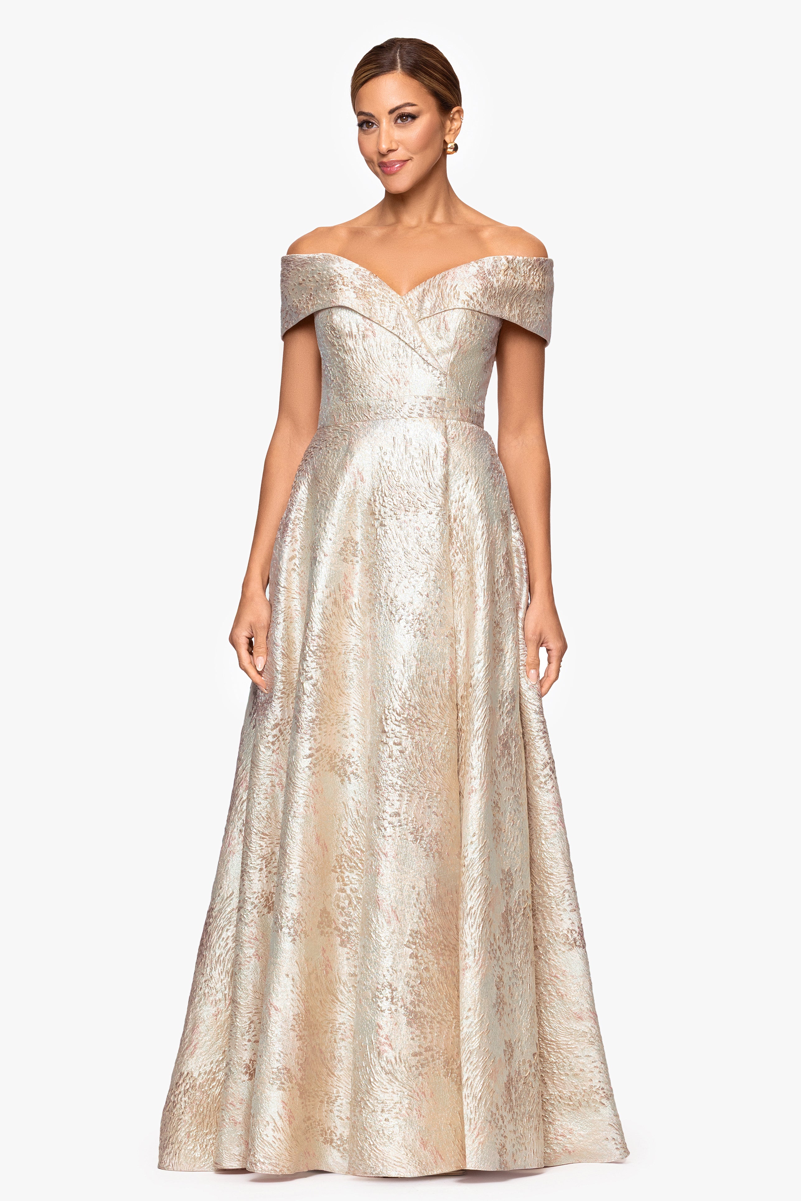 Xscape Evenings "Sutton" Brocade Off the Shoulder Floor Length Dress