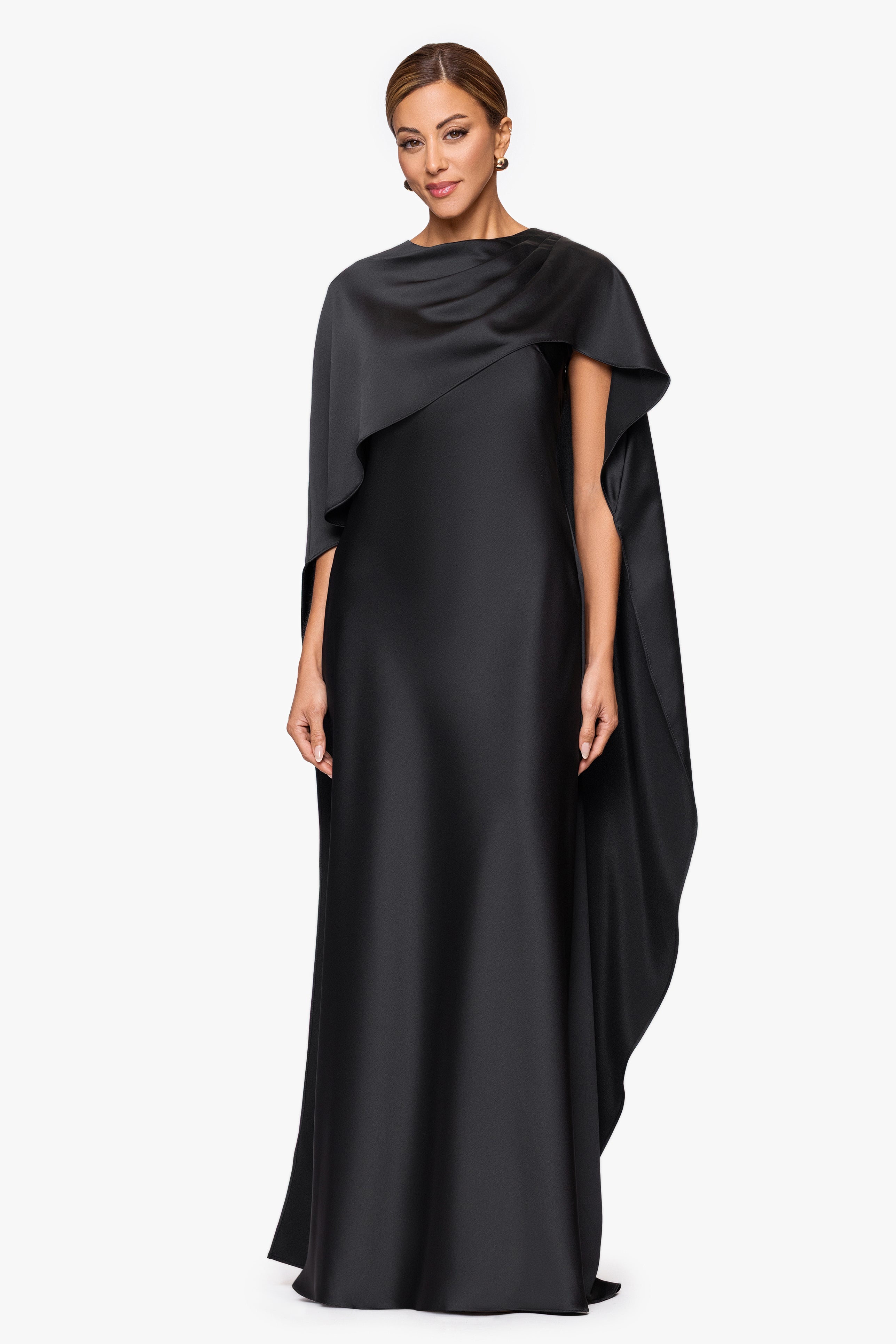 Xscape Evenings "Tallulah" Satin Overlay Cape Floor Length Dress