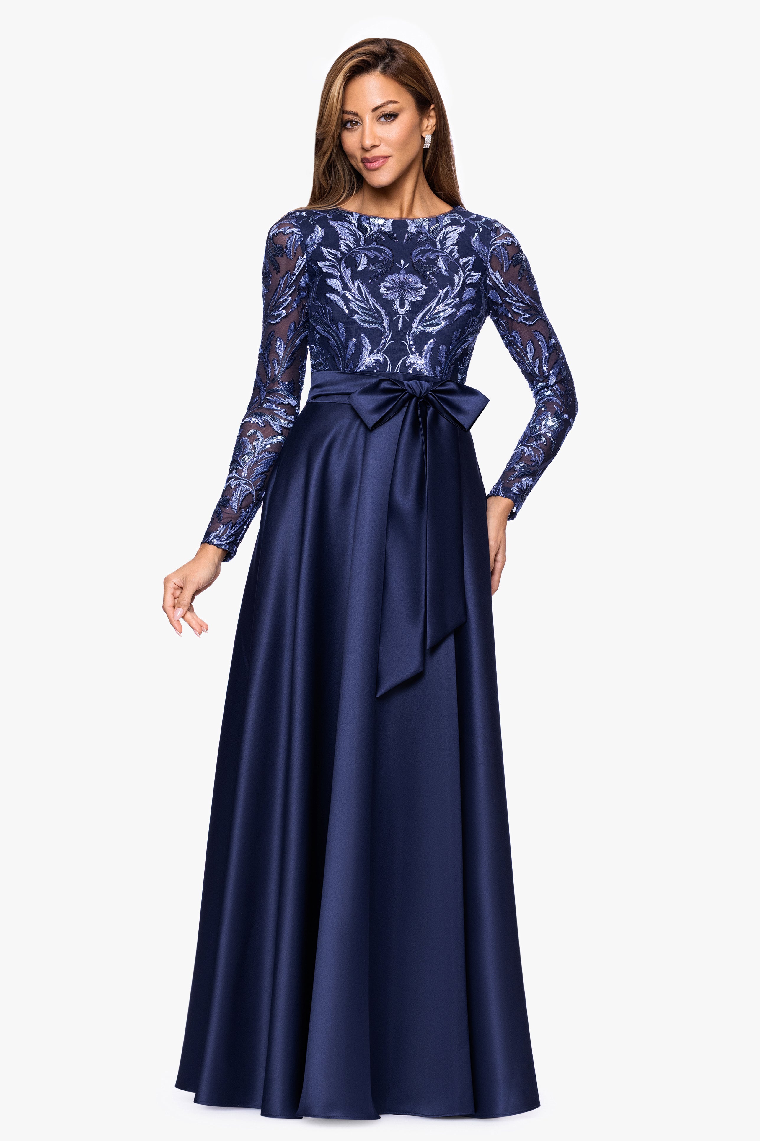 Xscape Evenings "Victoria" Sequin and Satin Long Sleeve Floor Length Dress