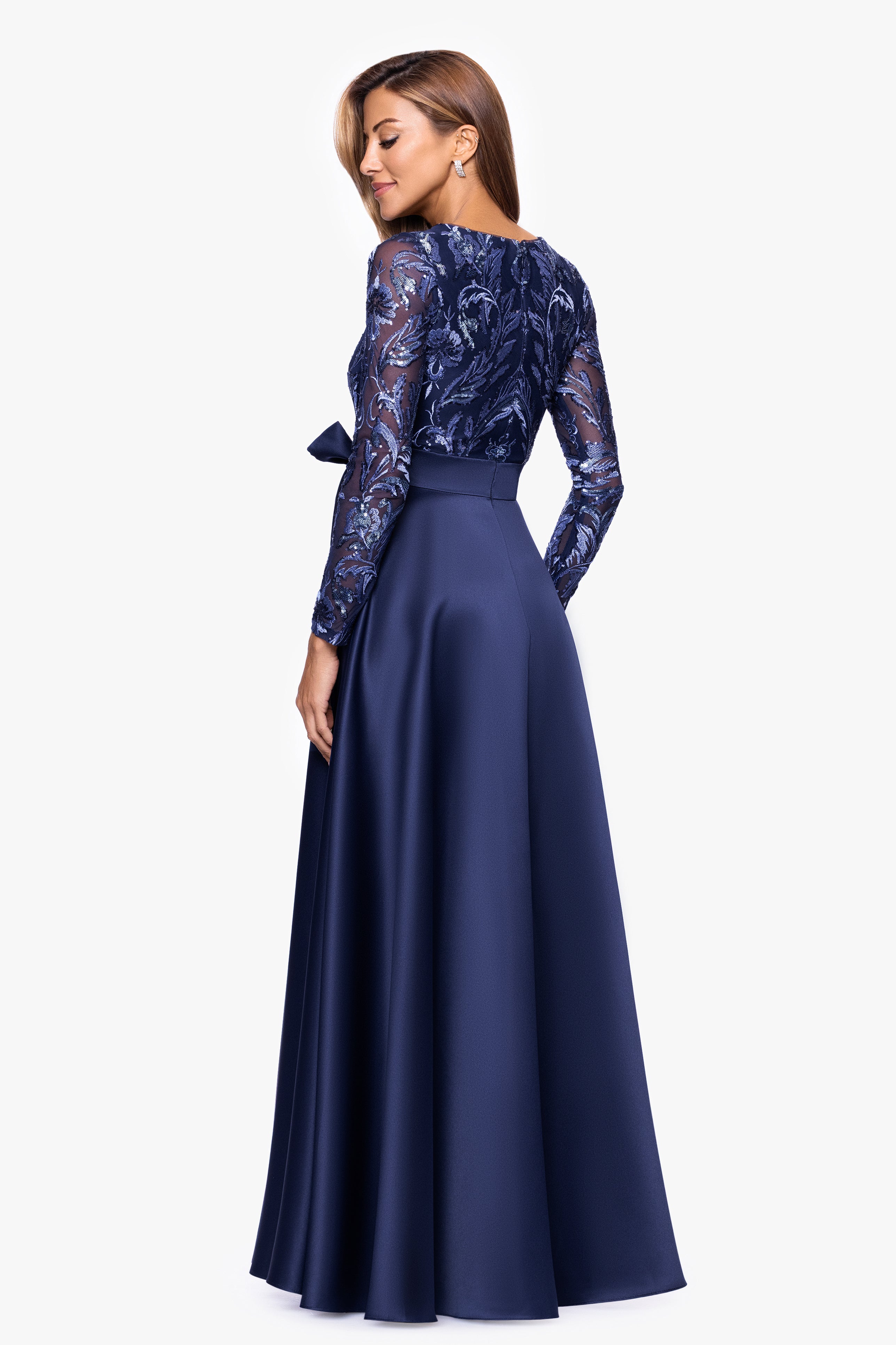 Xscape Evenings "Victoria" Sequin and Satin Long Sleeve Floor Length Dress