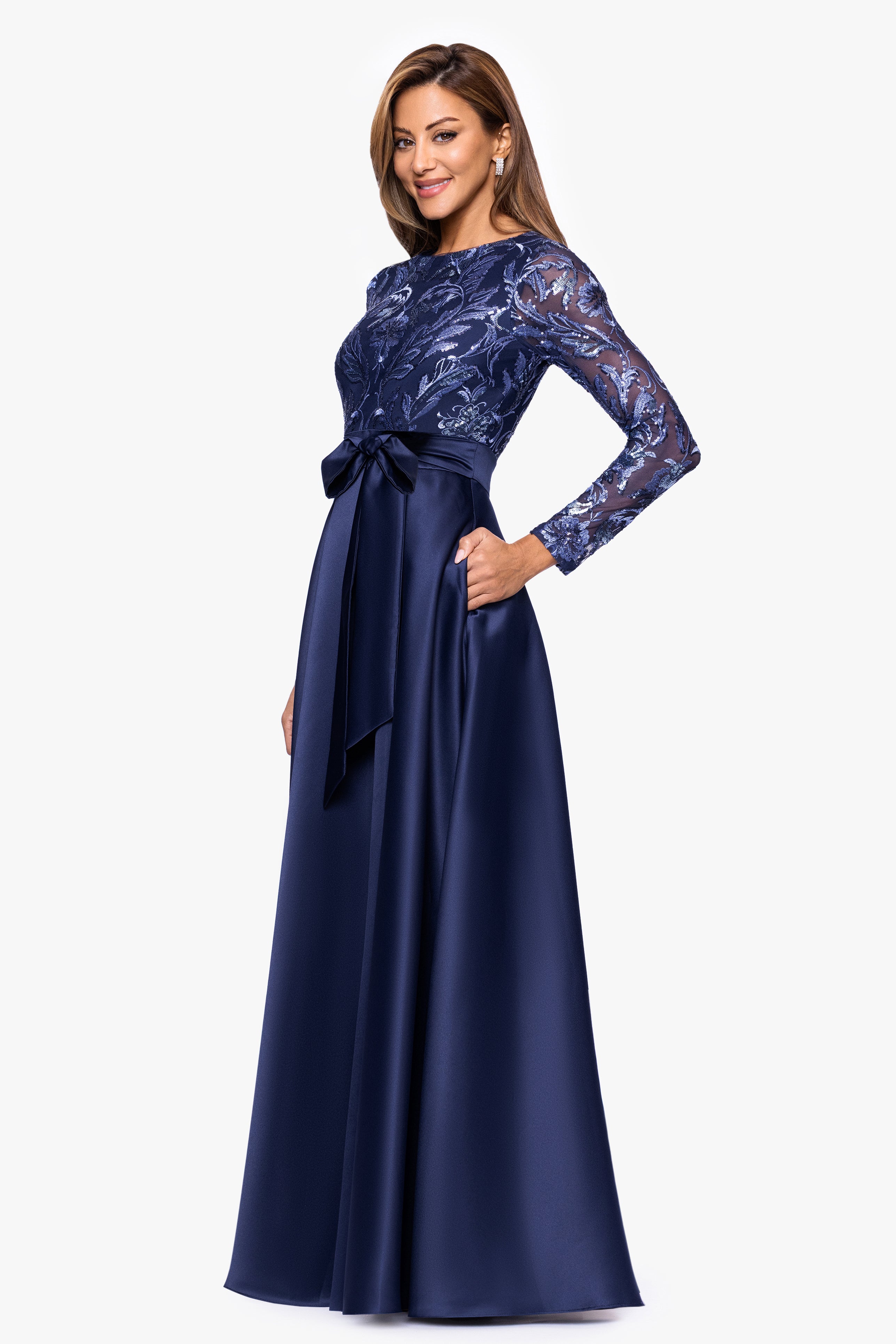 Xscape Evenings "Victoria" Sequin and Satin Long Sleeve Floor Length Dress