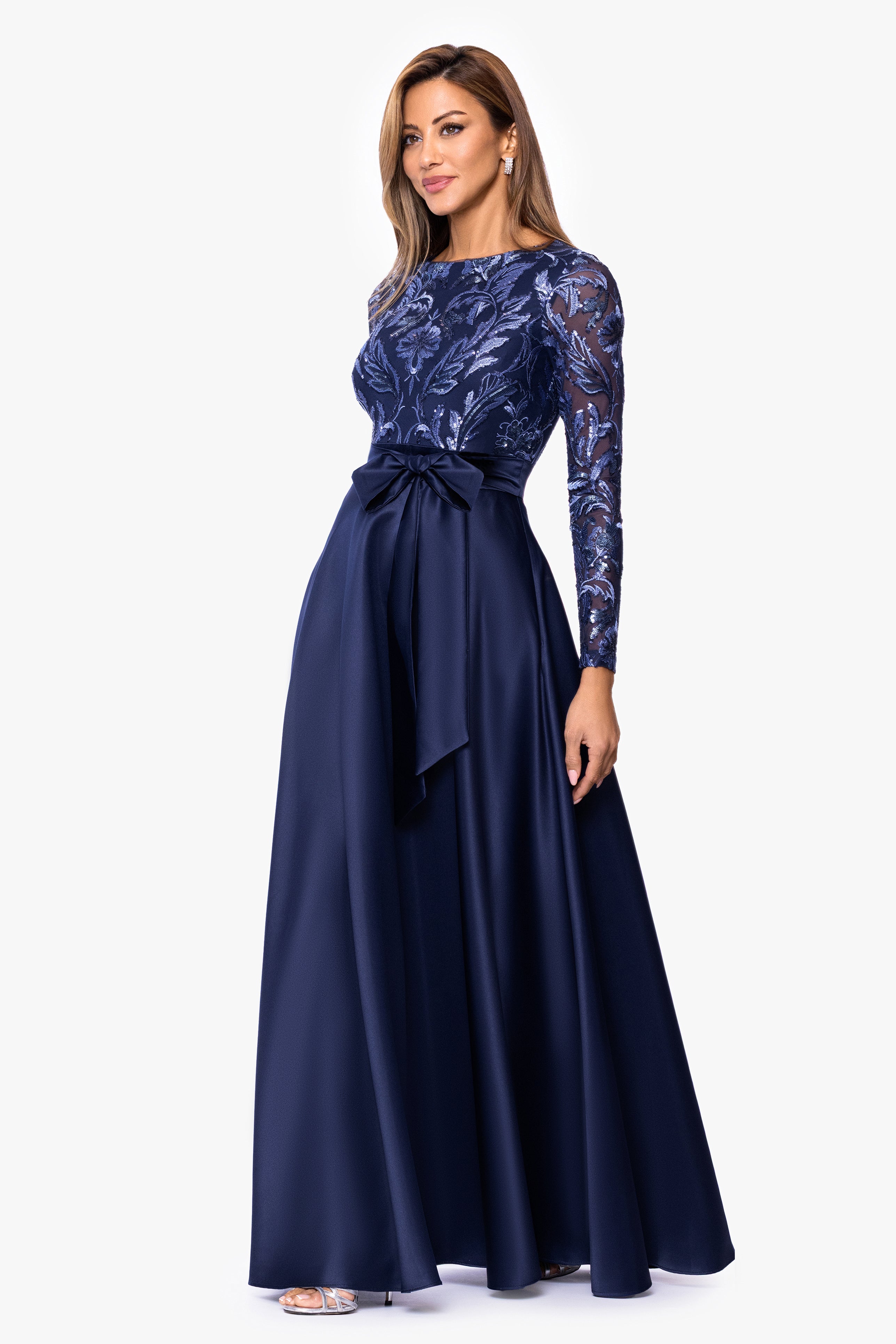 Xscape Evenings "Victoria" Sequin and Satin Long Sleeve Floor Length Dress