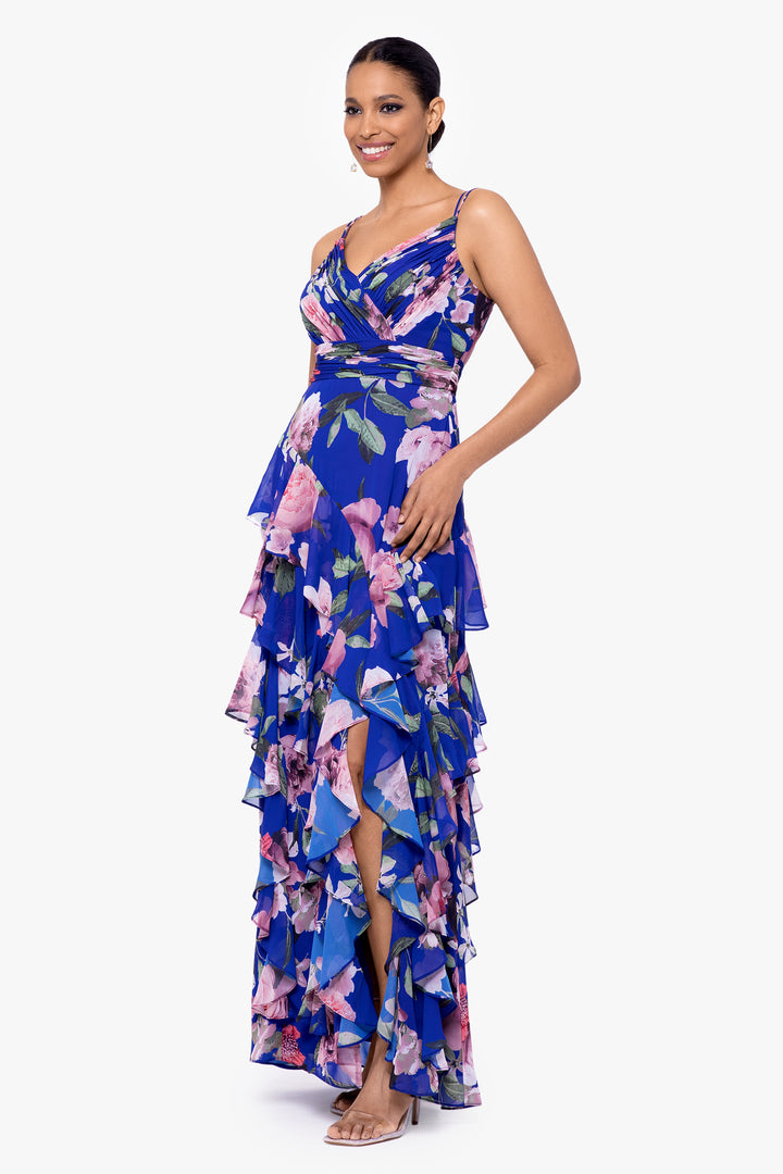 "Madelyn" Long Floral Chiffon Tiered Ruffle Dress