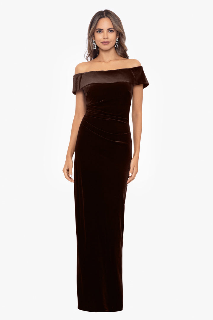 "Lori" Off The Shoulder Long Ruched Velvet Dress