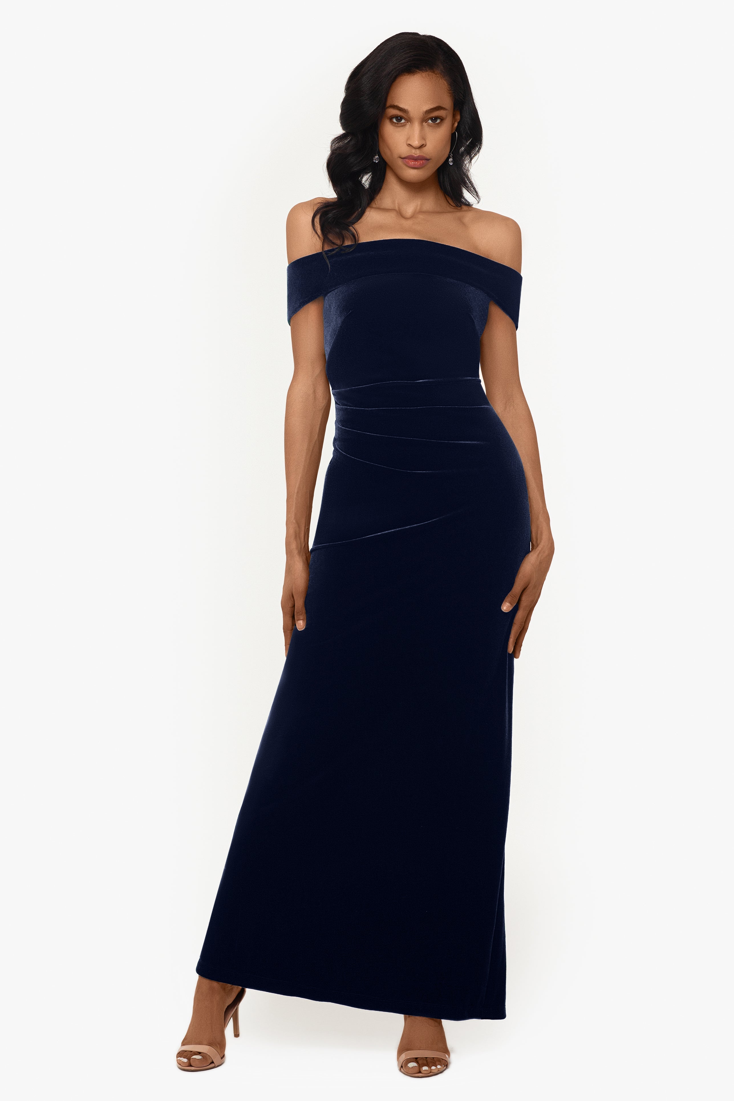 "Lori" Off The Shoulder Long Ruched Velvet Dress