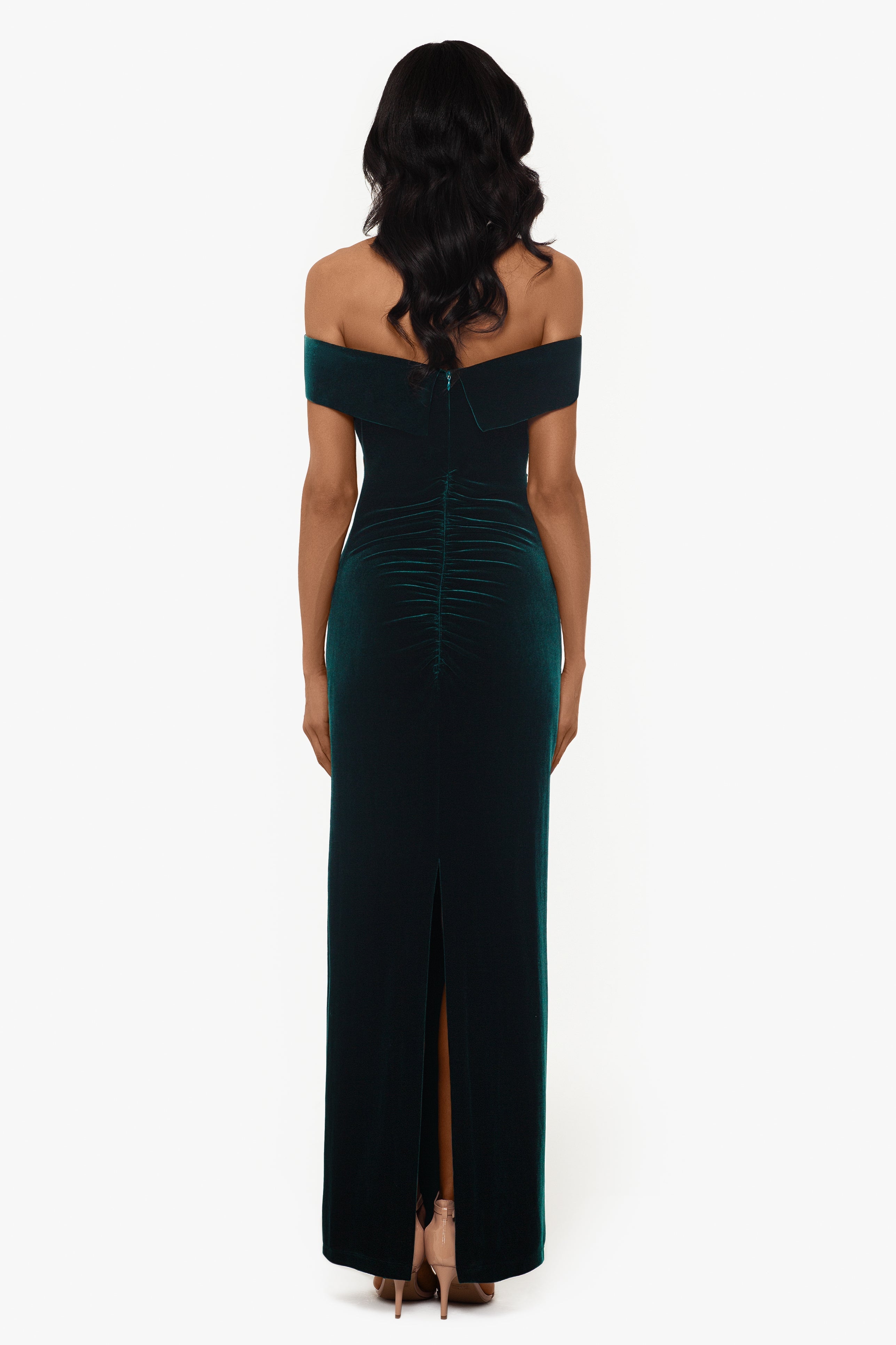 "Lori" Off The Shoulder Long Ruched Velvet Dress