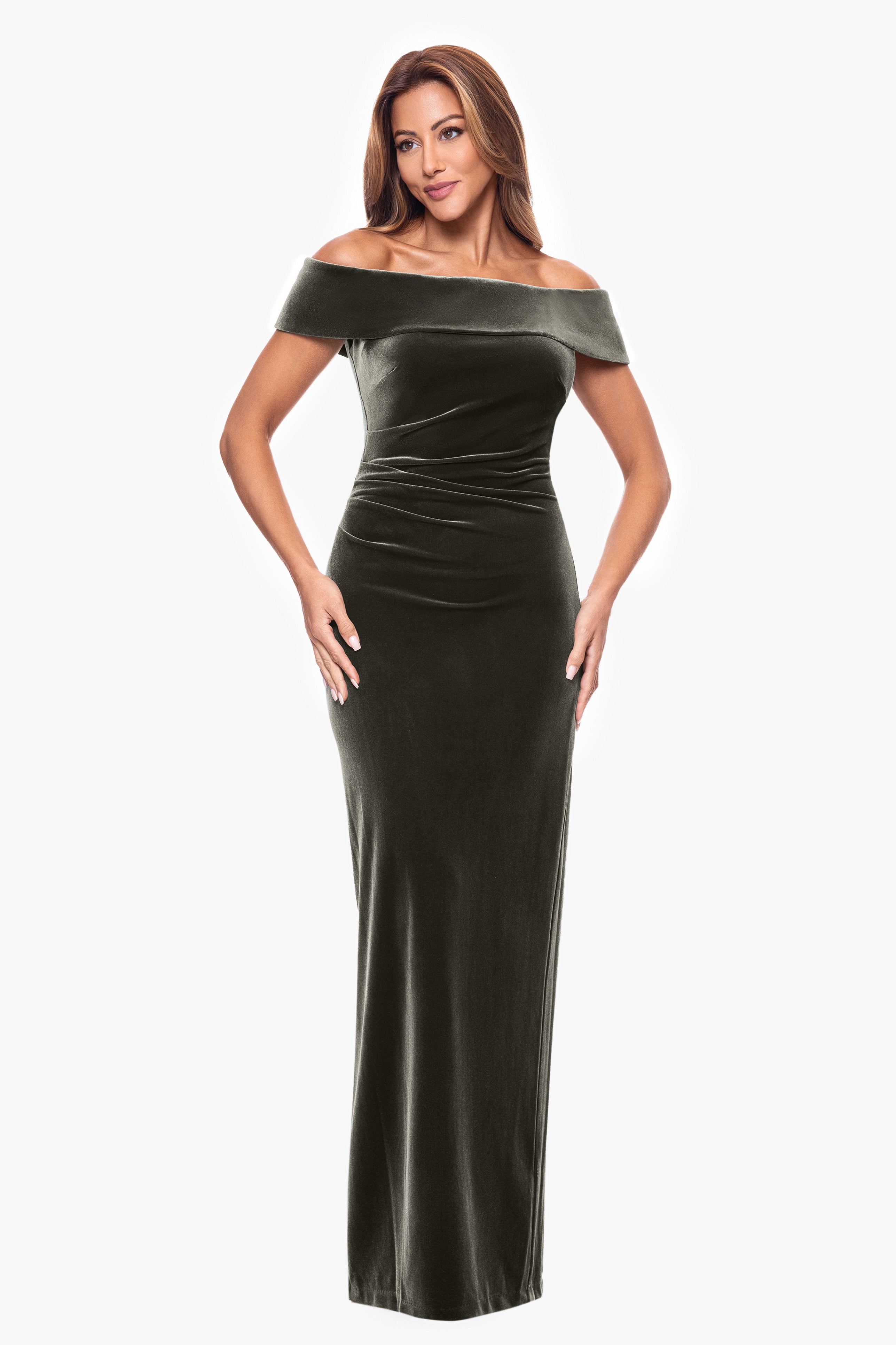 "Lori" Off The Shoulder Long Ruched Velvet Dress