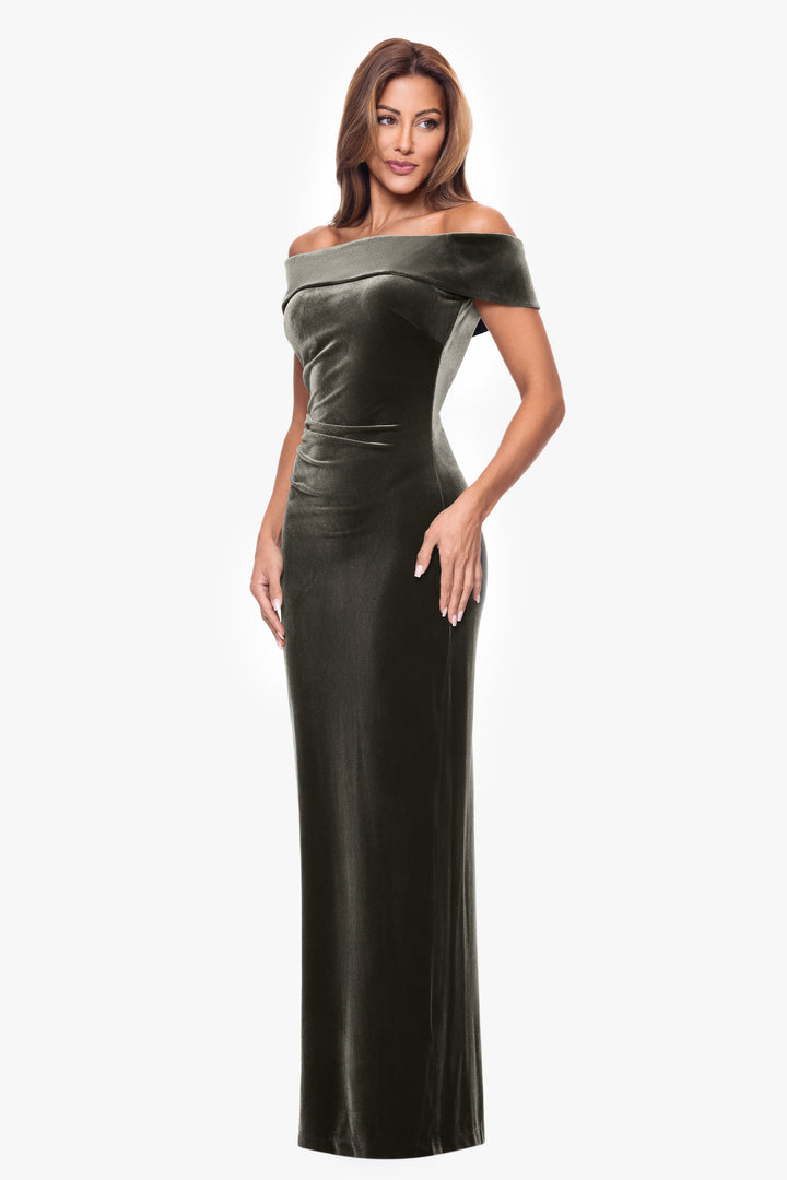 "Lori" Off The Shoulder Long Ruched Velvet Dress