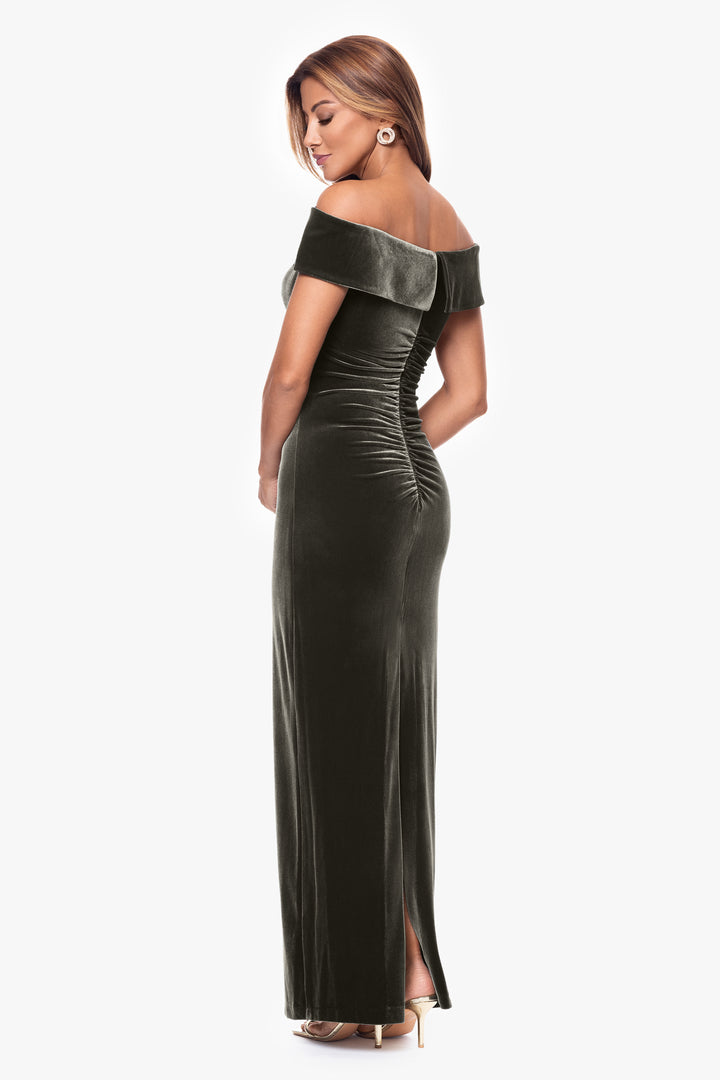 "Lori" Off The Shoulder Long Ruched Velvet Dress