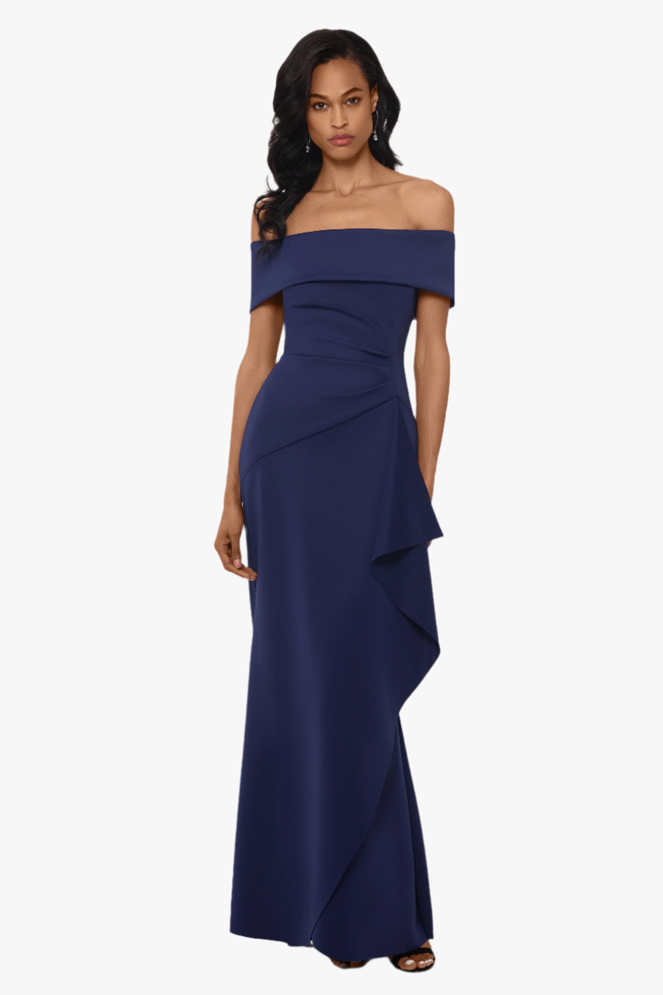 "Adriana" Long Scuba Crepe Off the Shoulder Dress