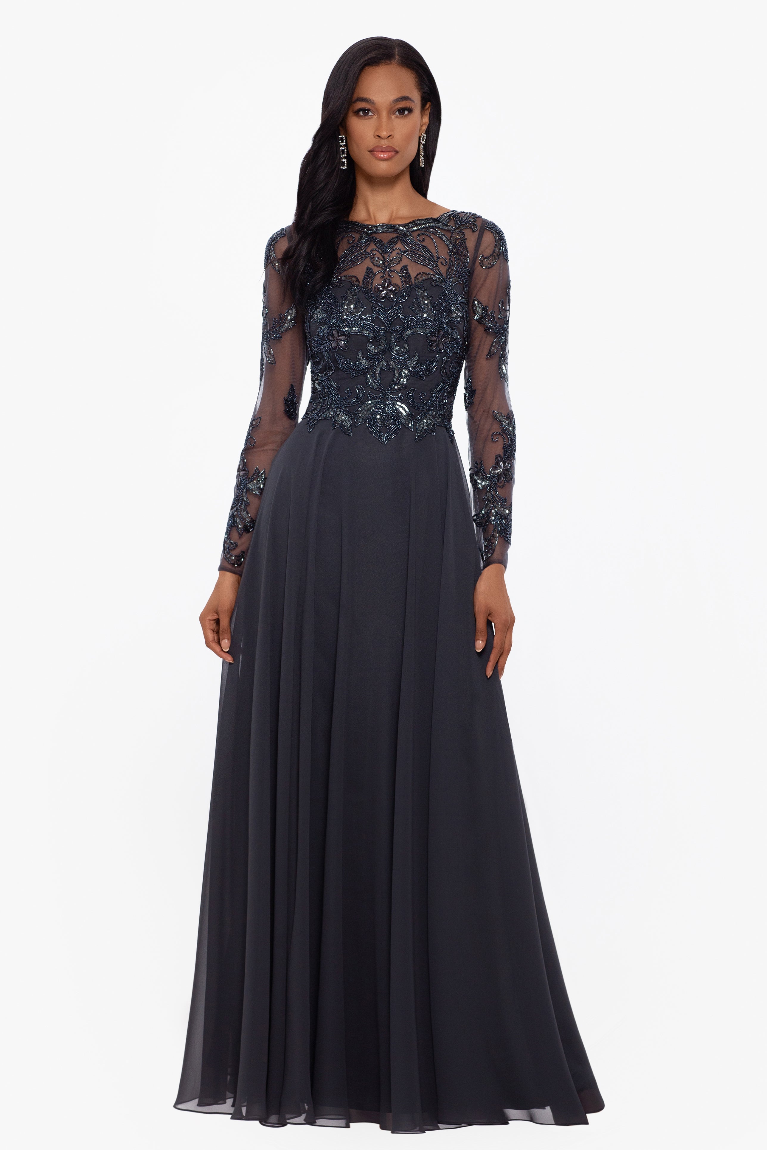 "Mason" Long Sleeve Beaded Chiffon Gown