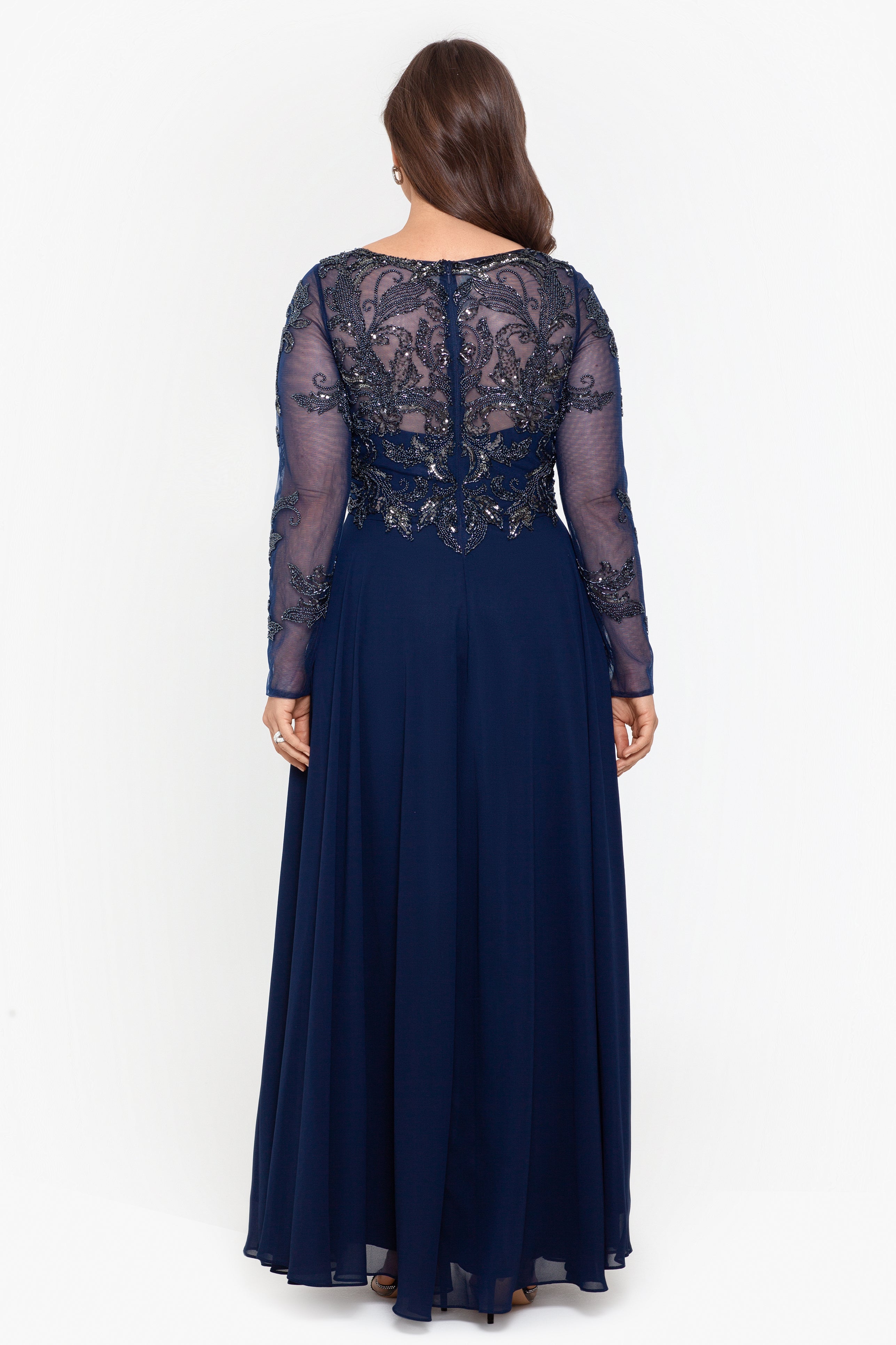 Plus "Mason" Long Sleeve Beaded Chiffon Gown