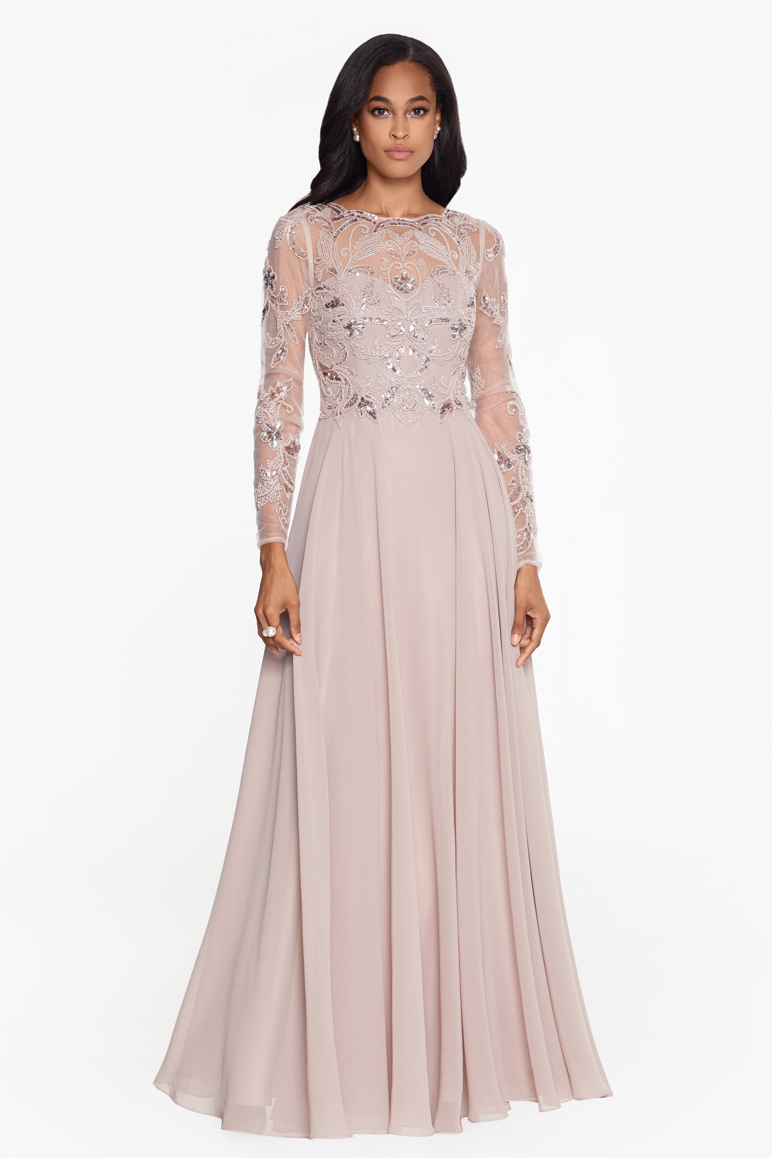 "Mason" Long Sleeve Beaded Chiffon Gown