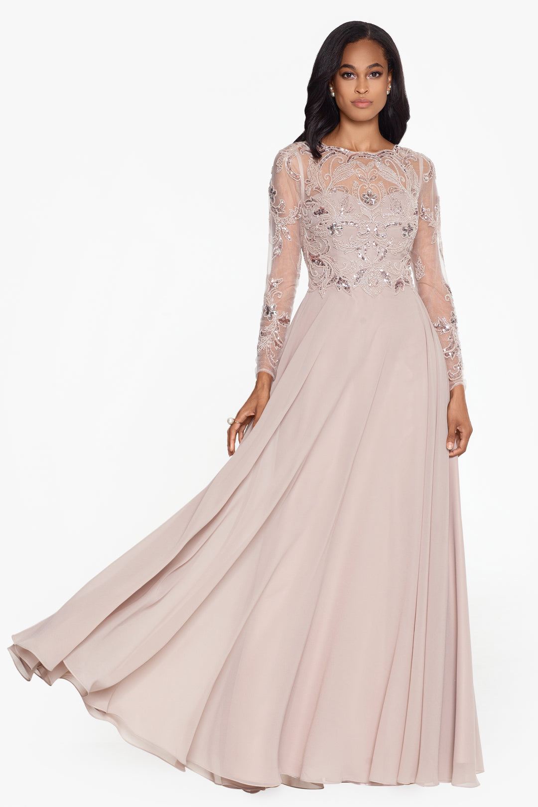 Petite "Mason" Long Chiffon Skirt Beaded Long Sleeve Dress