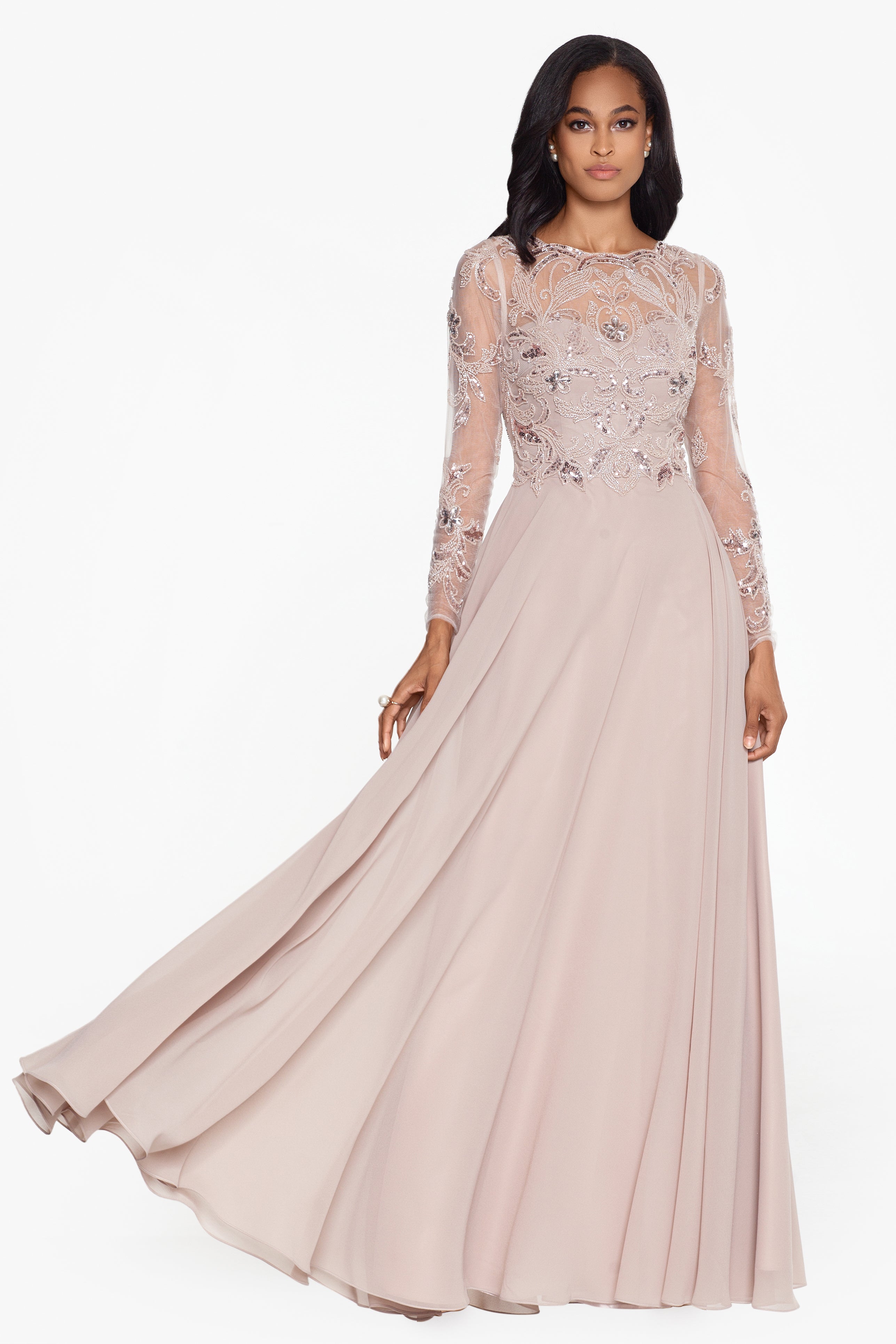 "Mason" Long Sleeve Beaded Chiffon Gown