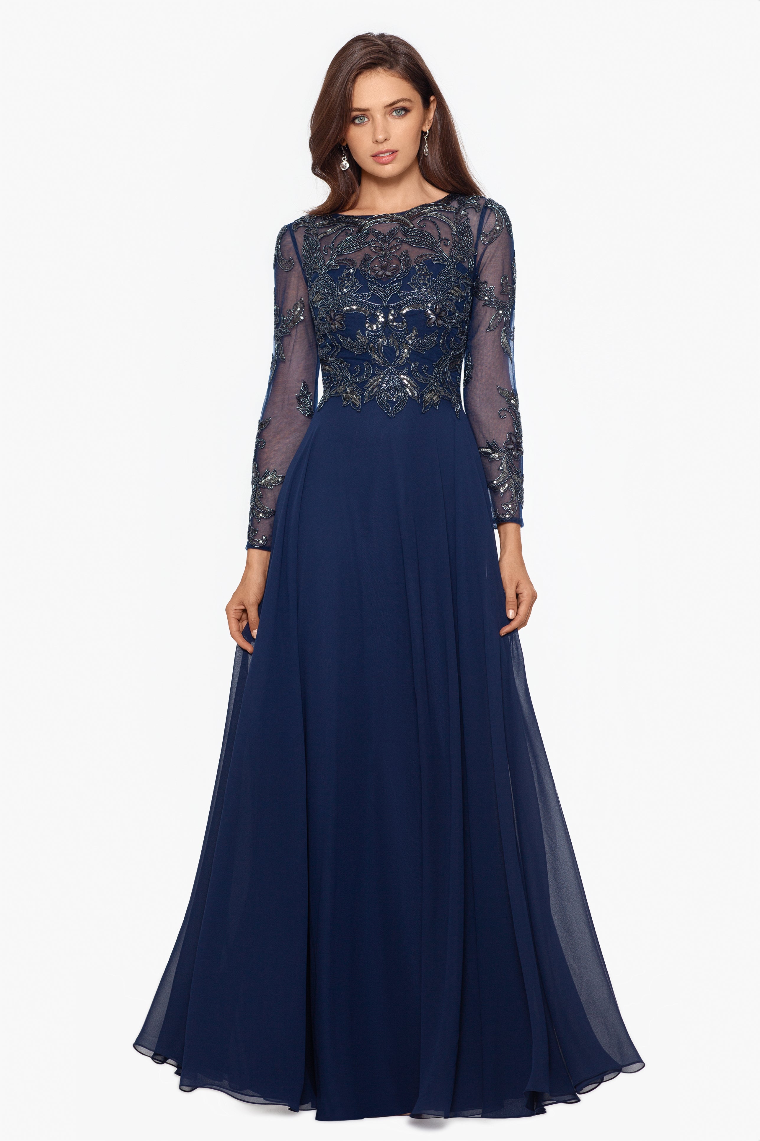 "Mason" Long Sleeve Beaded Chiffon Gown