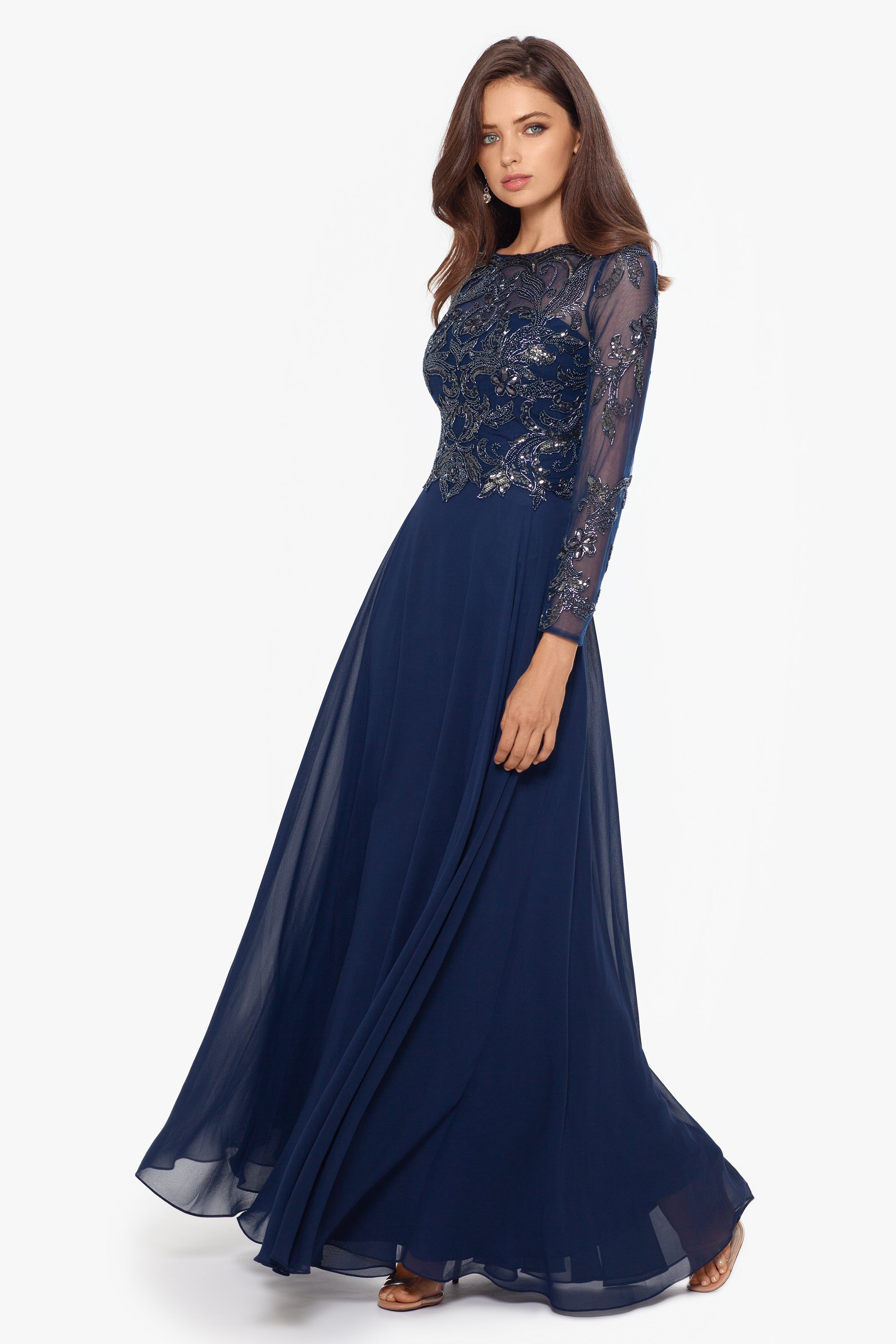 "Mason" Long Sleeve Beaded Chiffon Gown