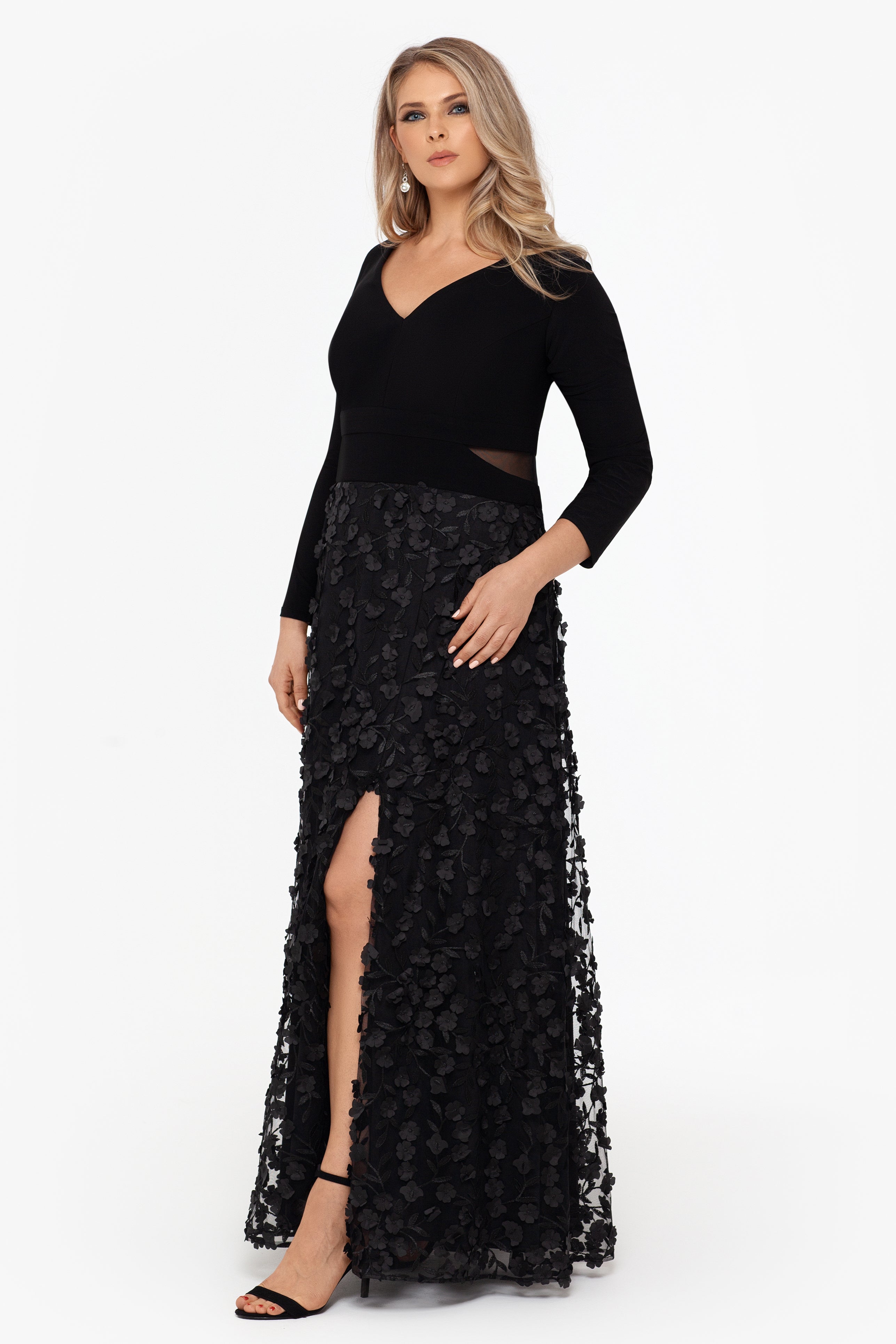 Plus "Aurora" V - Neck Long Sleeve Raised Flower Slit Dress