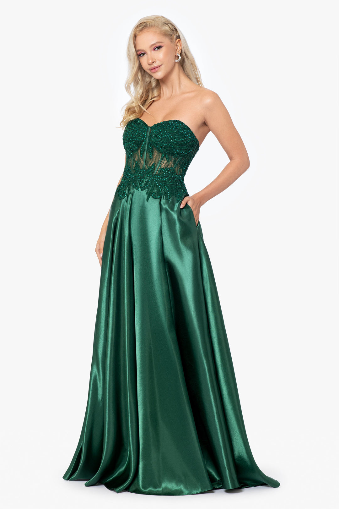 "Melissa" Charmeuse Illusion Bodice Applique Gown