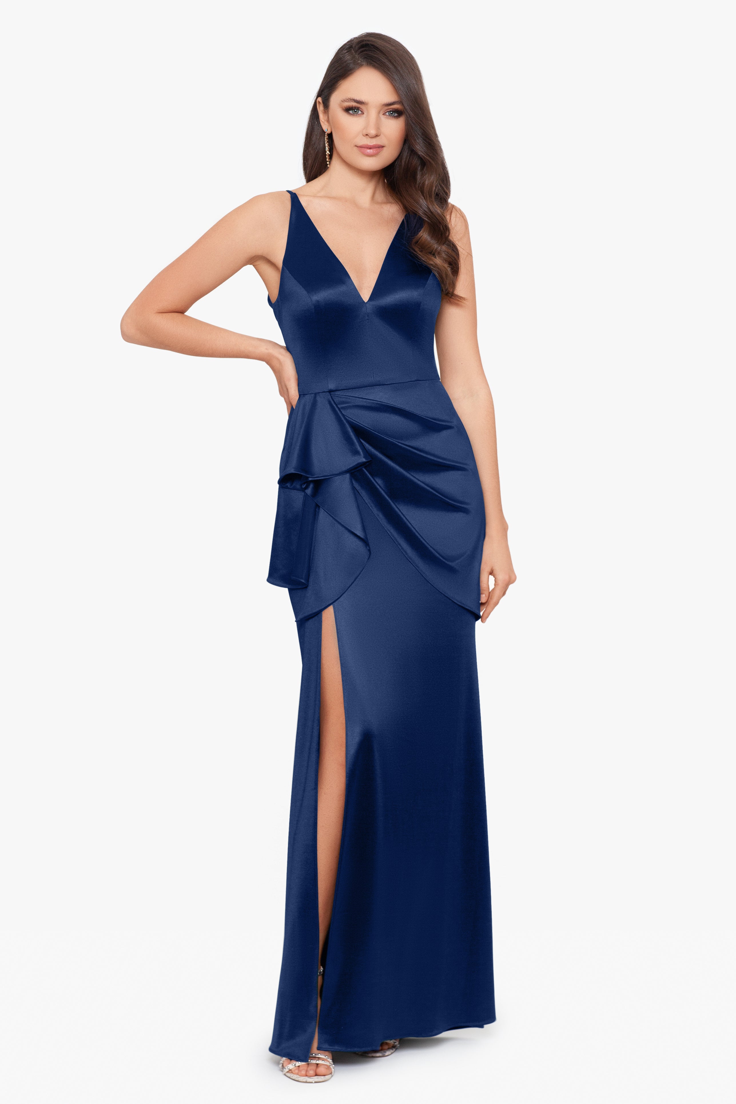 "Robin" Long Satin V-Neck Ruffle Dress