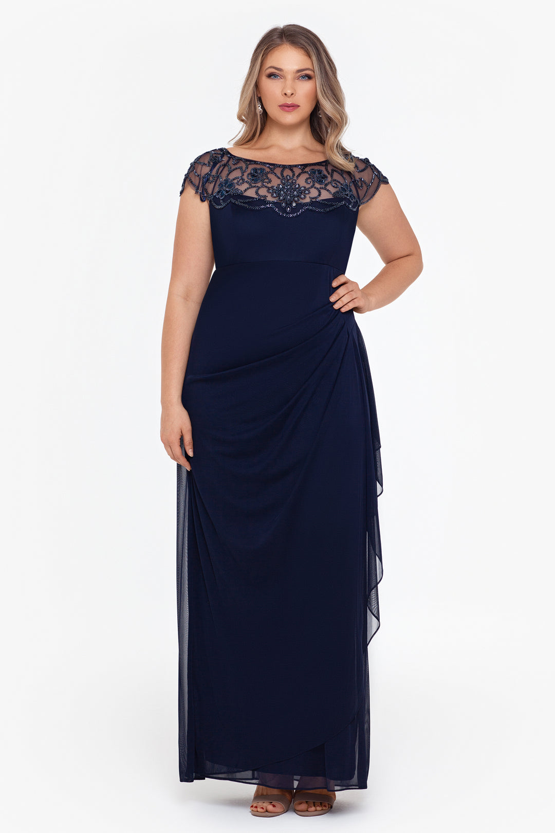 Plus "Cora" Sheer Matte Jersey Side Ruched Gown