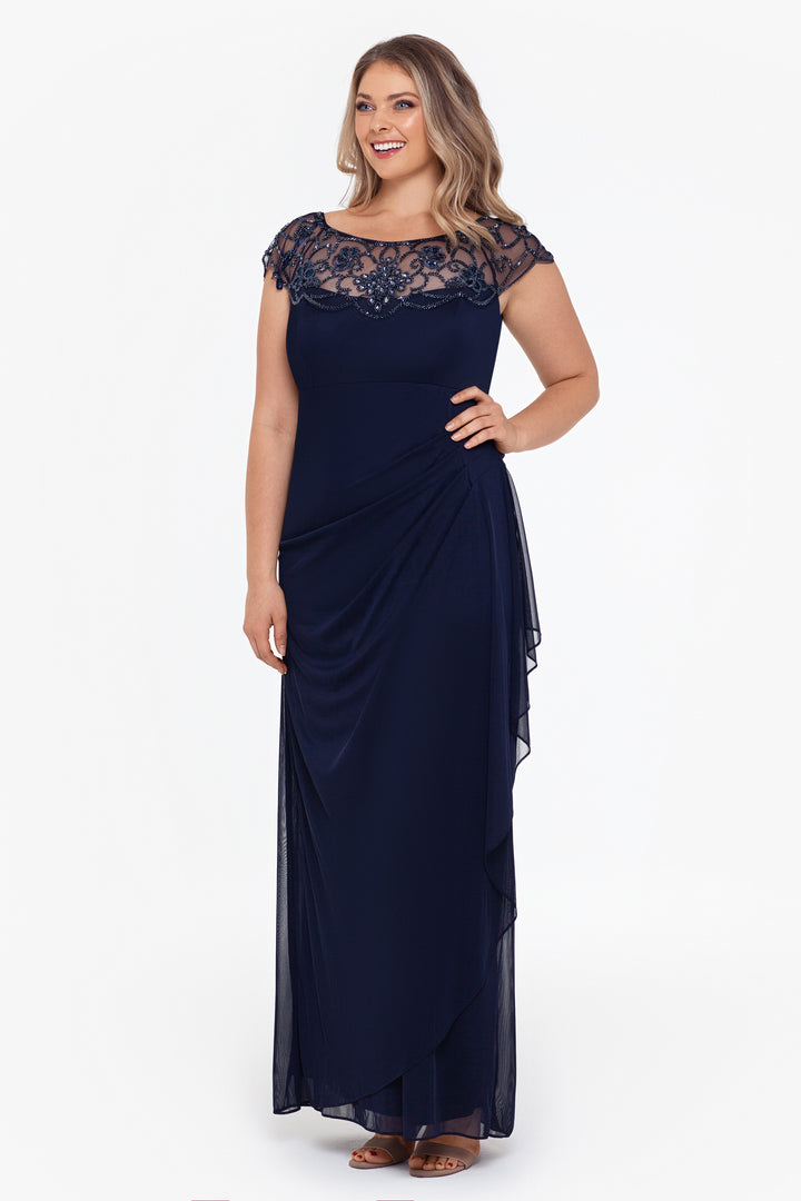 Plus "Cora" Sheer Matte Jersey Side Ruched Gown