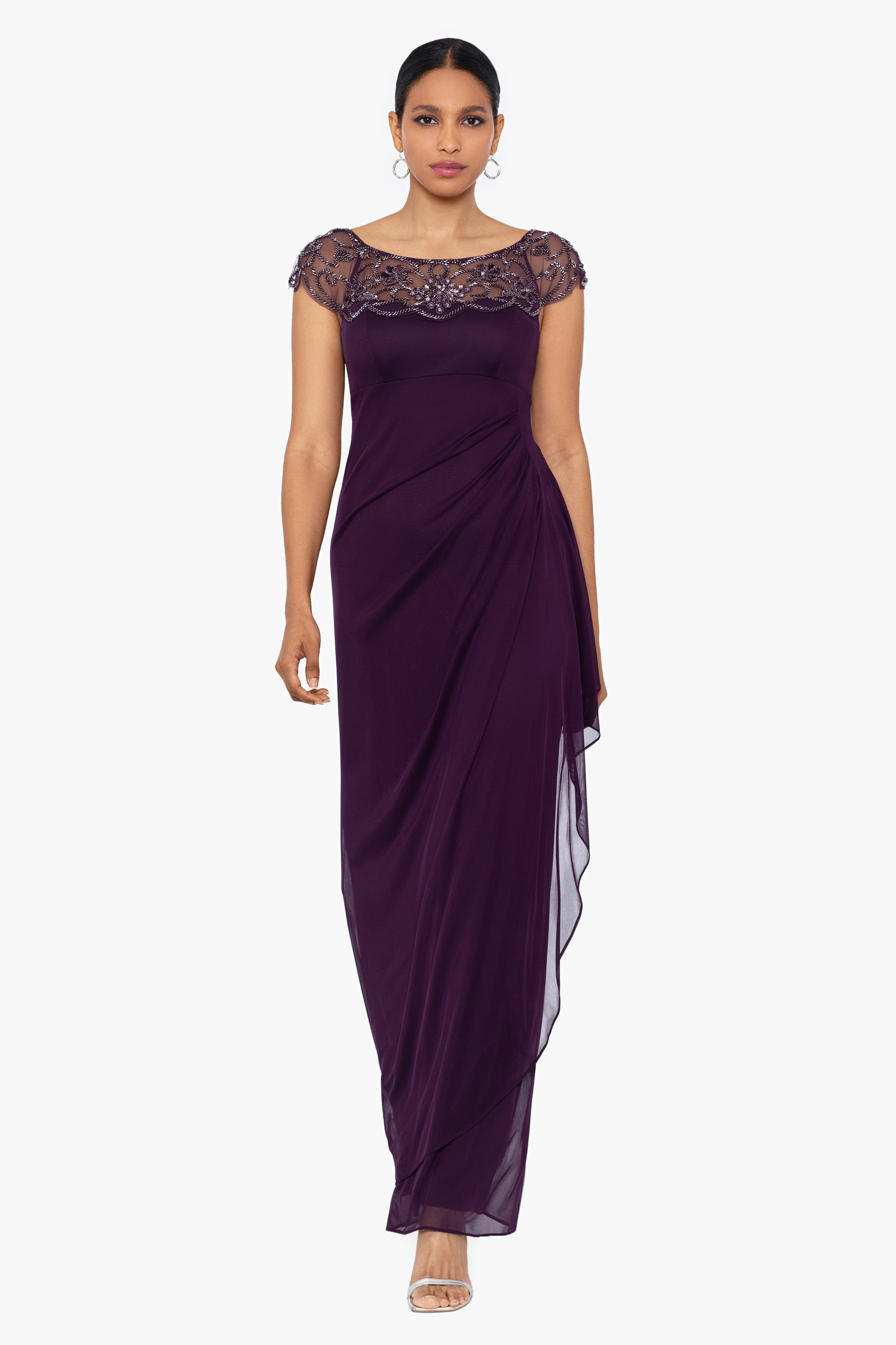 "Cora" Sheer Matte Jersey Side Ruched Gown