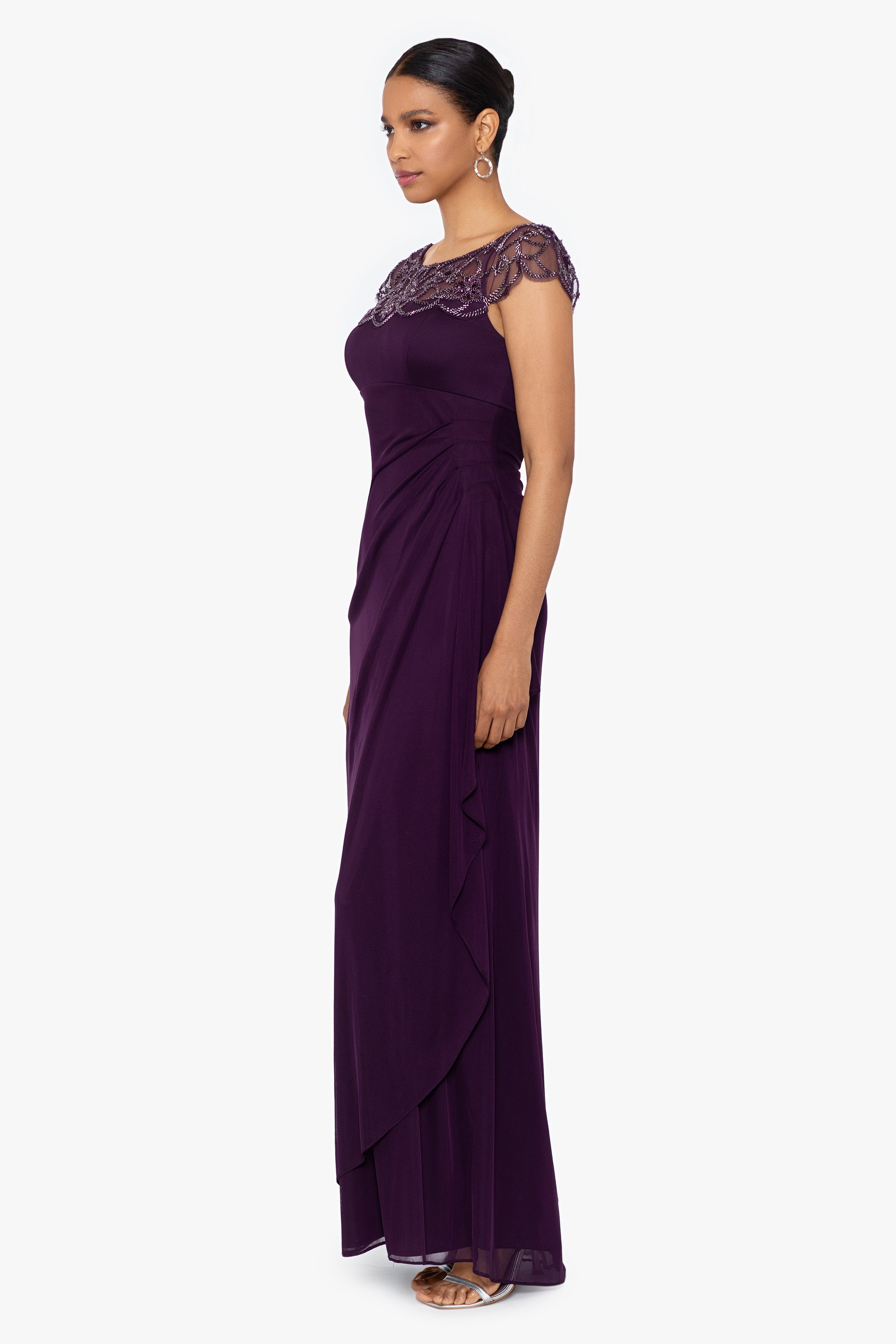 "Cora" Sheer Matte Jersey Side Ruched Gown