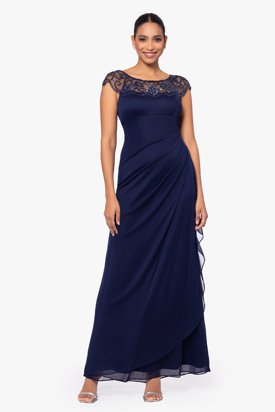 "Cora" Sheer Matte Jersey Side Ruched Gown
