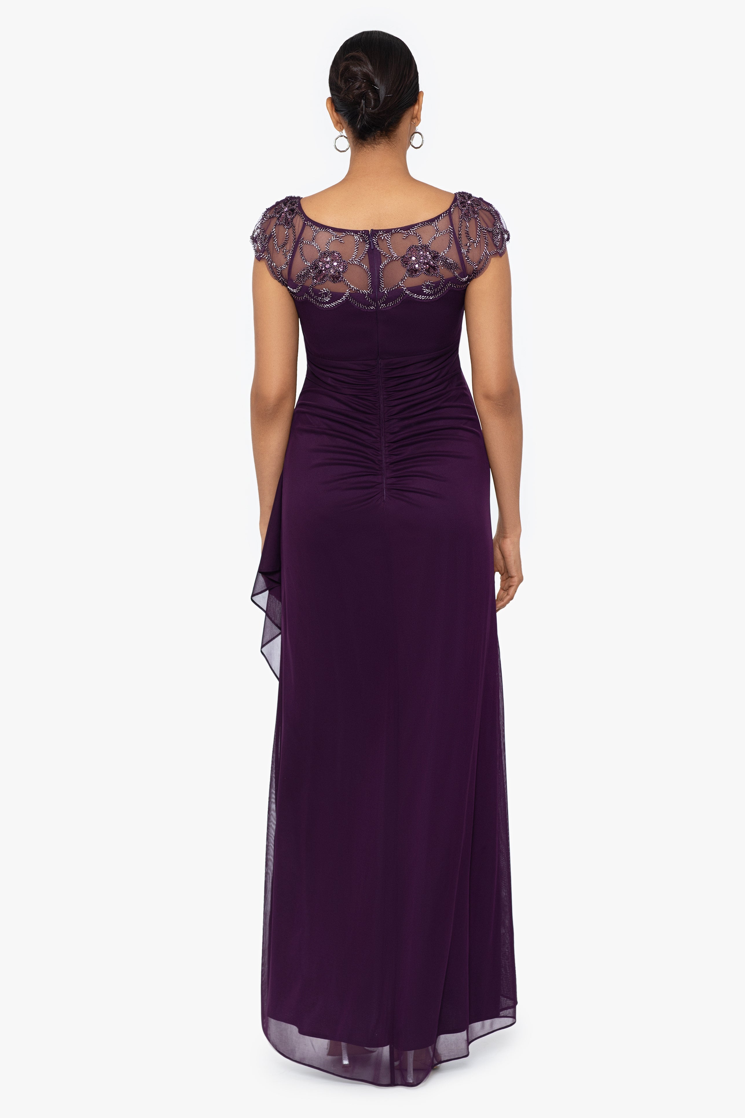 "Cora" Sheer Matte Jersey Side Ruched Gown