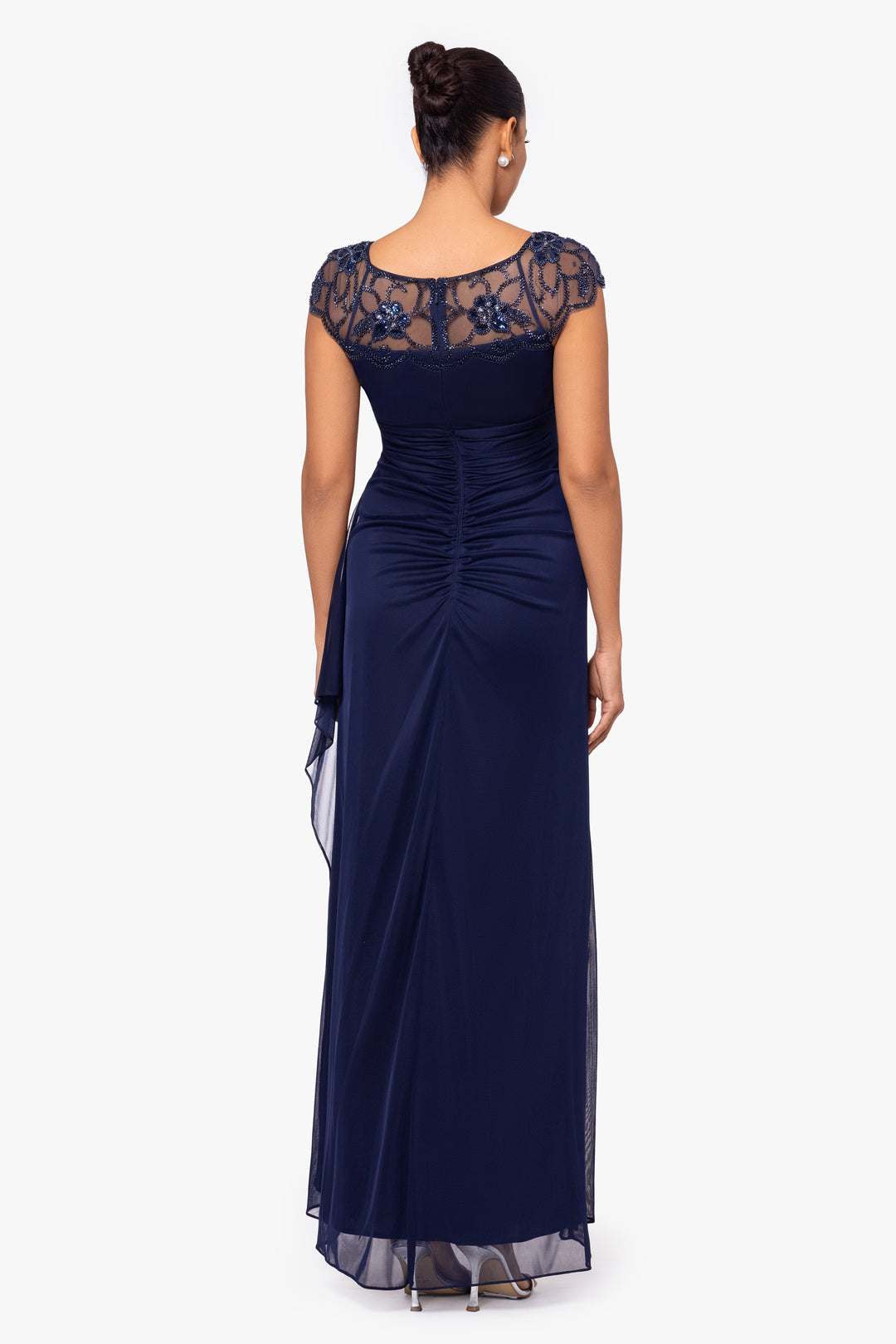 "Cora" Sheer Matte Jersey Side Ruched Gown