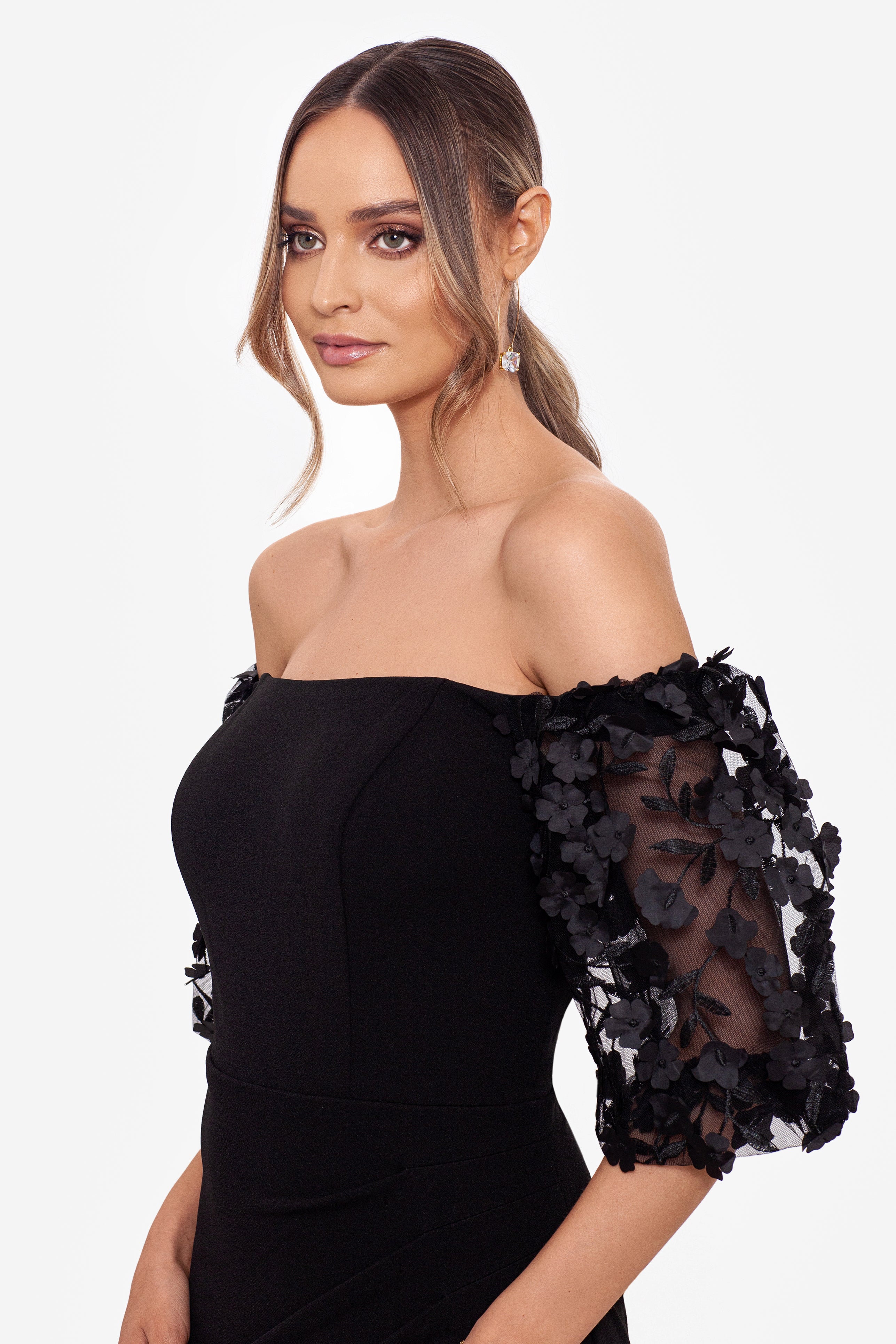 Xscape Petite Off The Shoulder Floral Applique Trumpet Gown