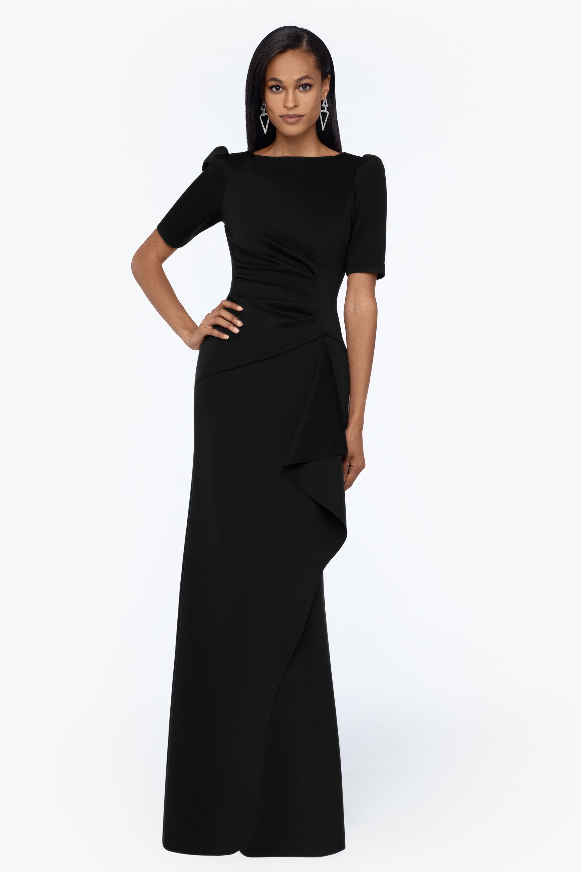 "Demi" Scuba Short Sleeve Side Ruched Floor Length Gown