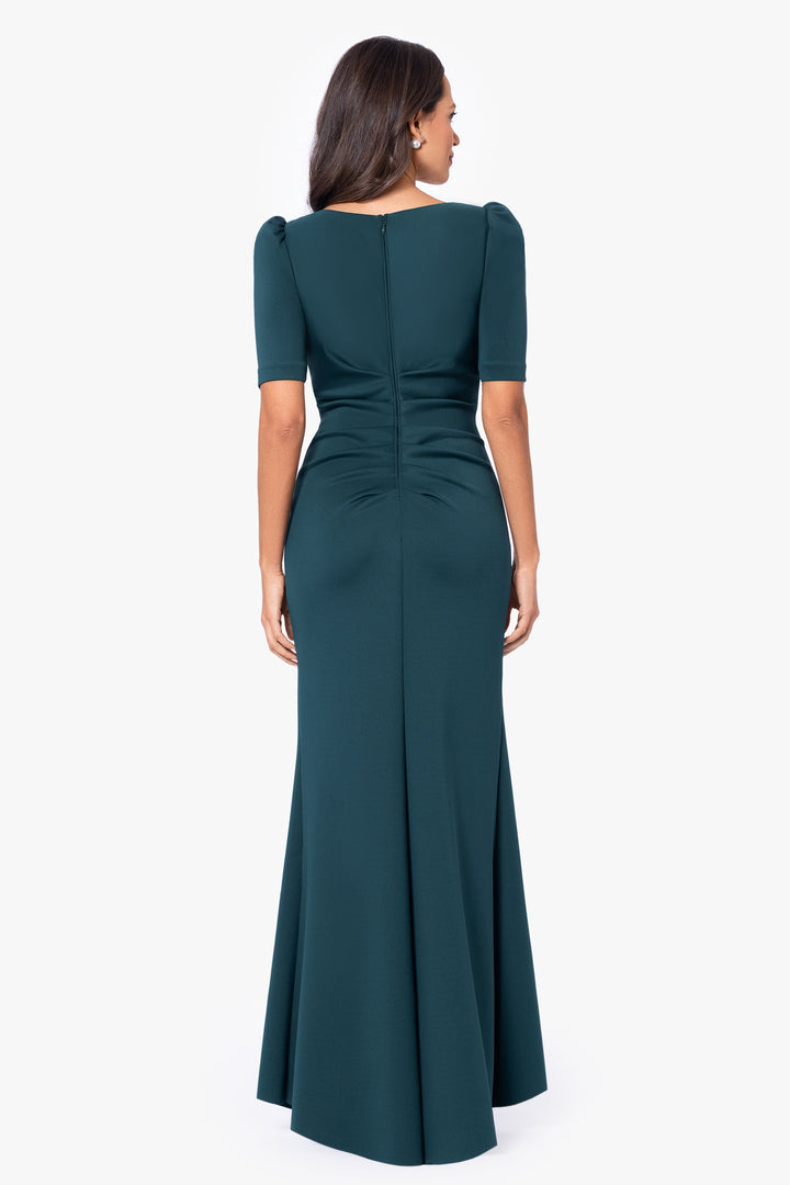 "Demi" 3/4 Sleeve Side Ruched Floor Length Gown