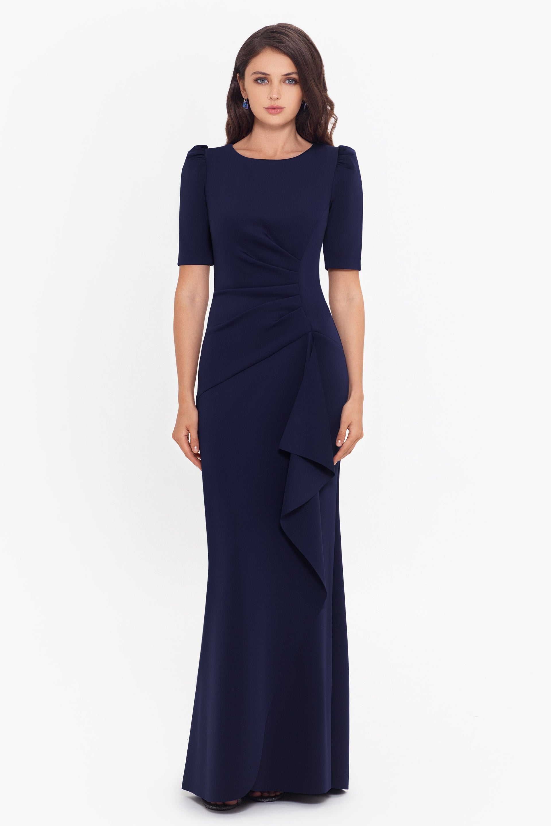 "Demi" Scuba Short Sleeve Side Ruched Gown